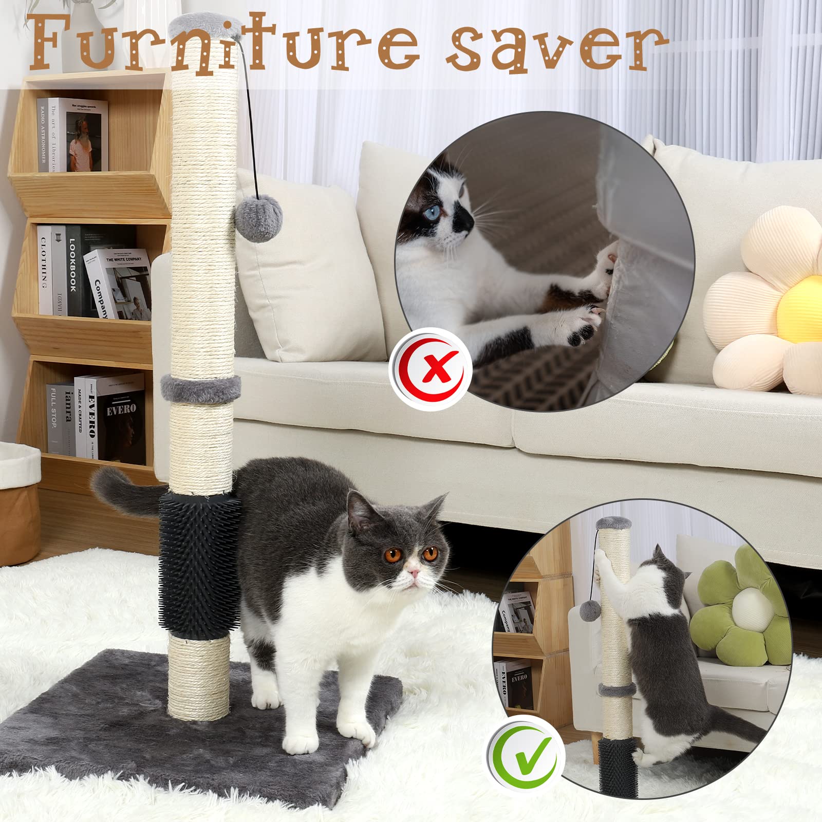 Anwa Tall Cat Scratching Posts For Indoor Cats And Kittens, 32?Vertical Scratching Post With Reinforced Base, Premium Sisal Cat Scratching Post With Dangling Plush Ball And Self-Grooming Brush