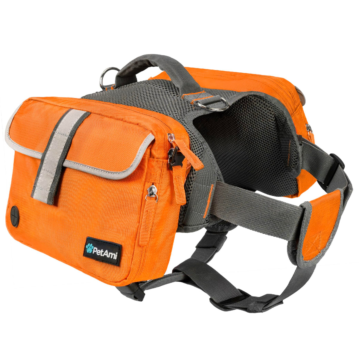 Petami Dog Backpack For Medium Large Dogs, Dog Saddle Bag For Dogs To Wear, Harness Saddlebag With Reflective Safety Side Pockets For Hiking, Camping, Vest Dog Pack For Travel (Orange, Medium)