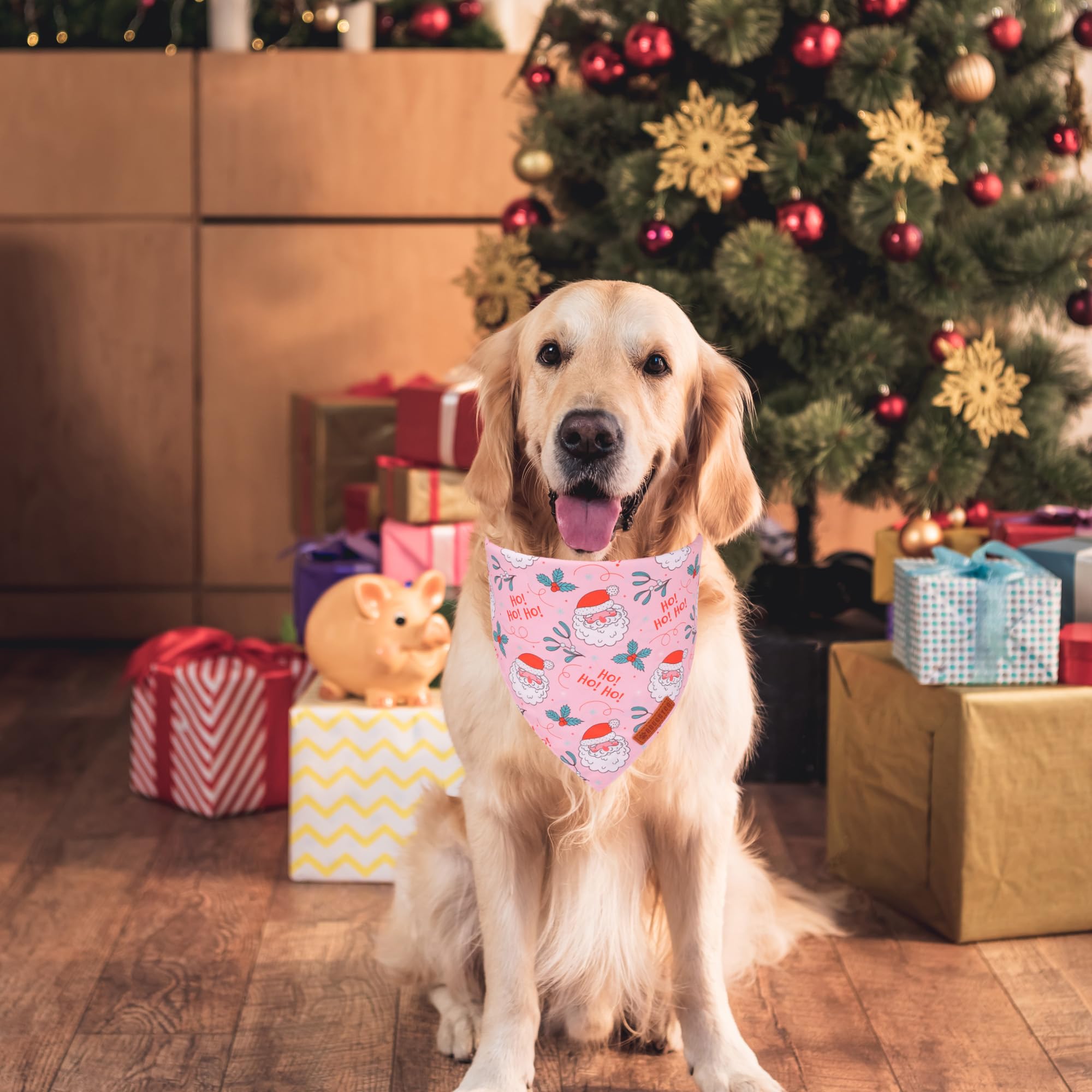ADOGGYGO Pink Christmas Dog Bandana, Santa Xmas Tree Dog Scarf, Adjustable Fit Pink Pet Christmas Bandanas for Large and Extra L