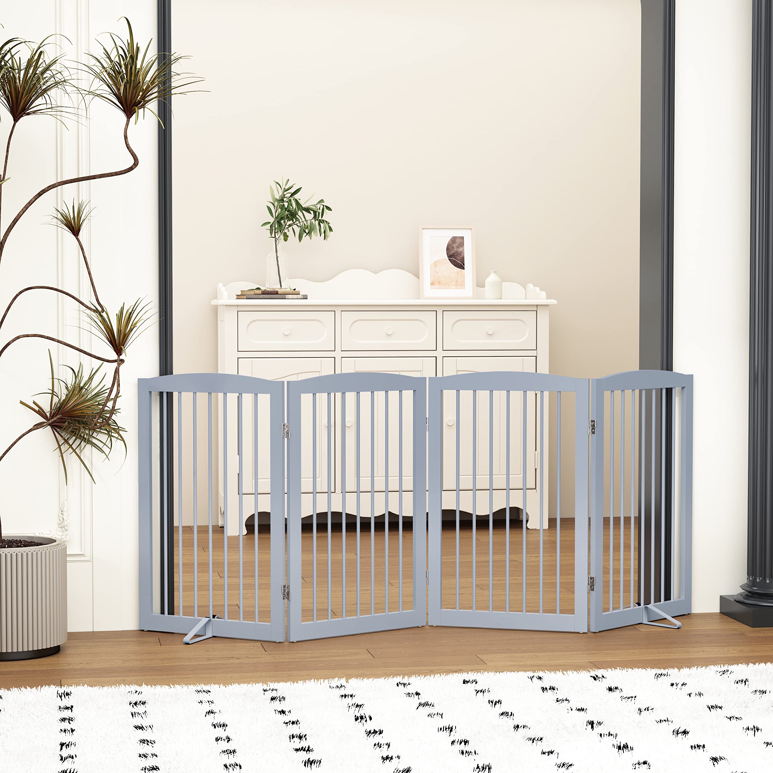 Pupetpo Freestanding Pet Gate For Dogs, Indoor Wooden Dog Gate For House, Foldable Dog Gate For Doorway, Stair,Hall, Step Over Pet Puppy Safety Fence Tall, 80 Inch Wide, 4 Panels 32',Grey