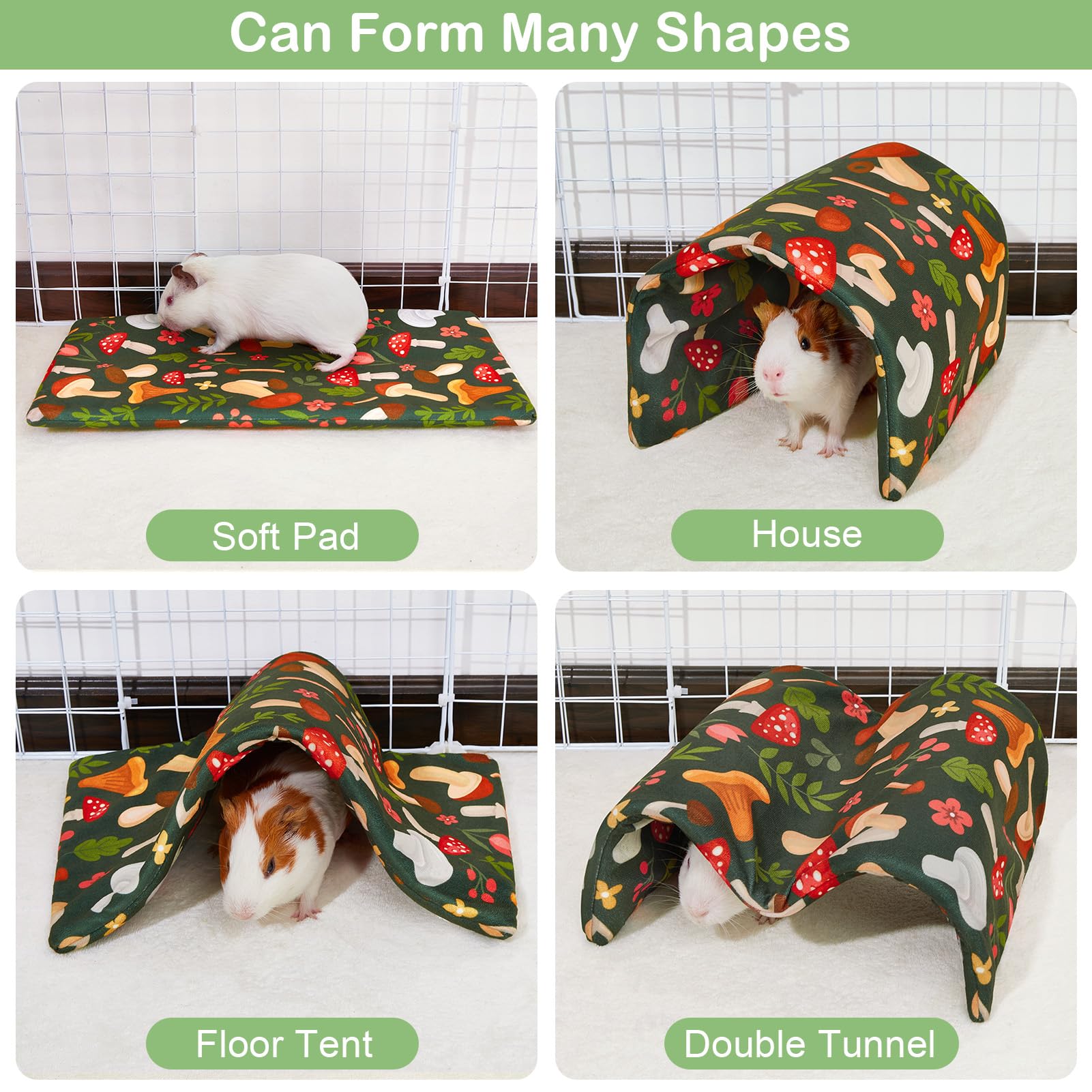 Bienbee Guinea Pig Tunnel, Guinea Pig Hideout, Washable Rabbit Tunnel And Bunny House, Rabbit Toys In Cages For Guinea Pig Bunny Rabbit Small Animal Green Mushroom