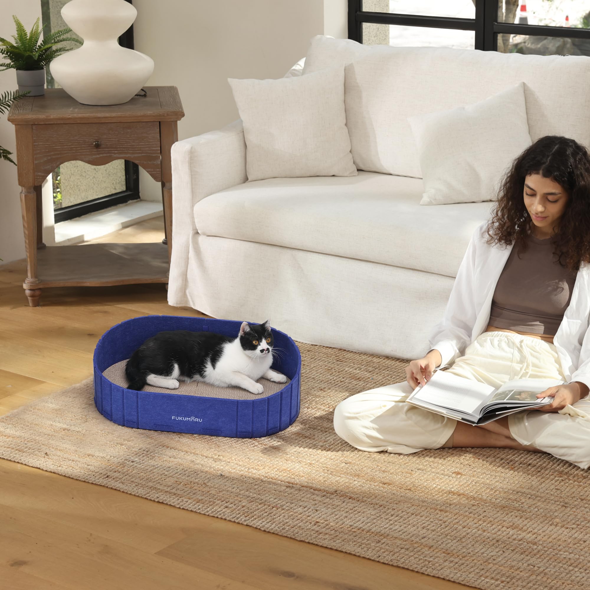 FUKUMARU Cat Scratcher, 24" Sofa Shape, Reversible Felt Board, Large, Blue, Model ST06
