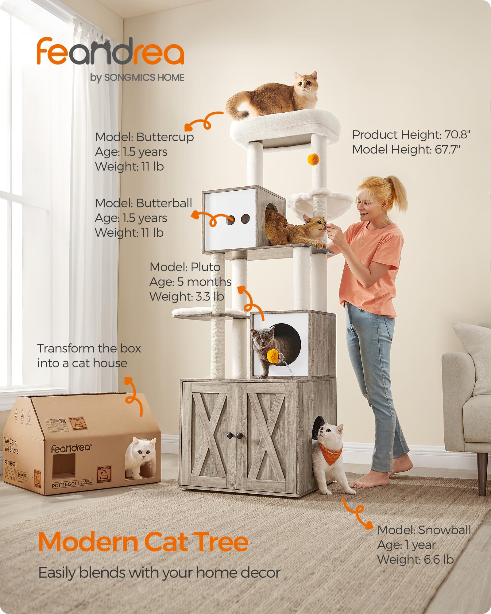 Feandrea Cat Tree With Litter Box Enclosure, 2-In-1 Modern Cat Tower, 70.8-Inch Tall Cat Condo With Scratching Posts, Perch, Cav