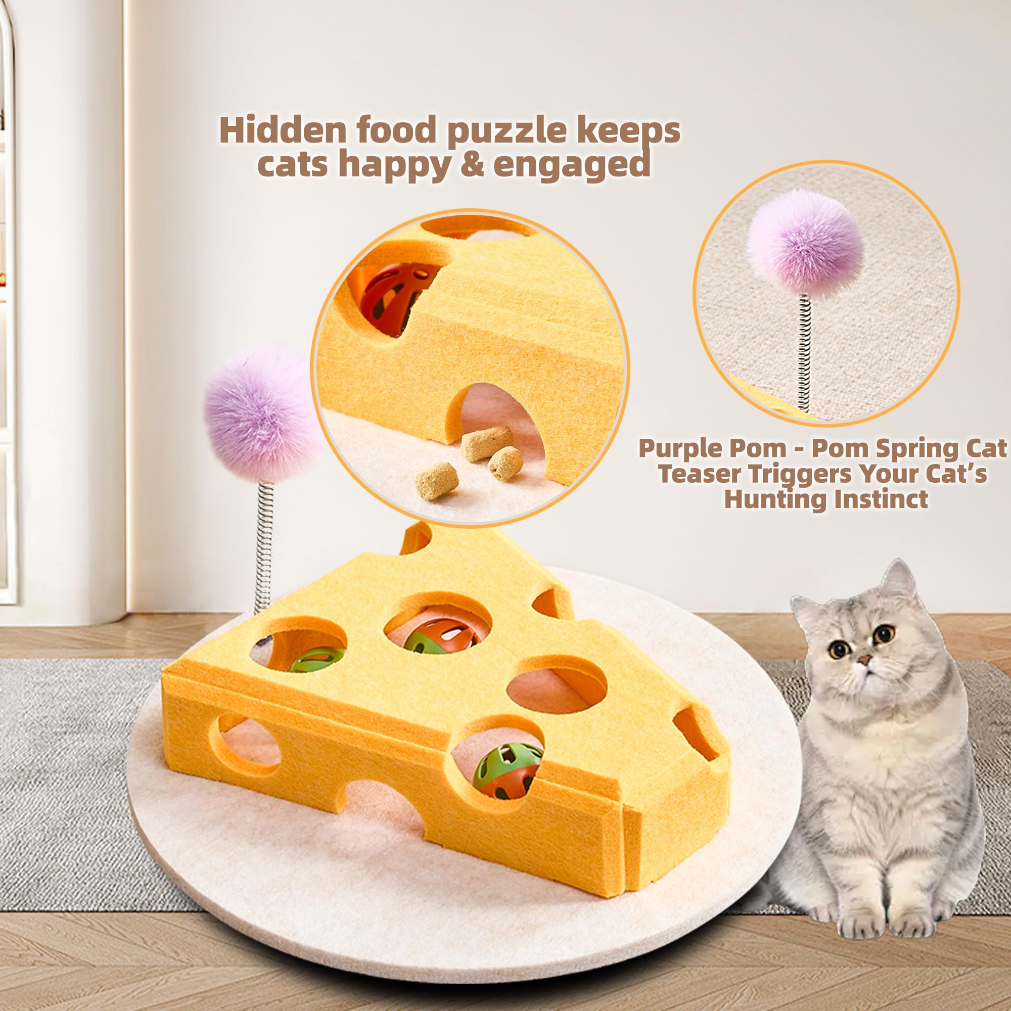 BZDBZD Interactive Cat Puzzle Feeder - Felt Cheese Cat Scratch Box-Nail File Maze, Jingle Balls & Spring Teaser | Slow Feeding &