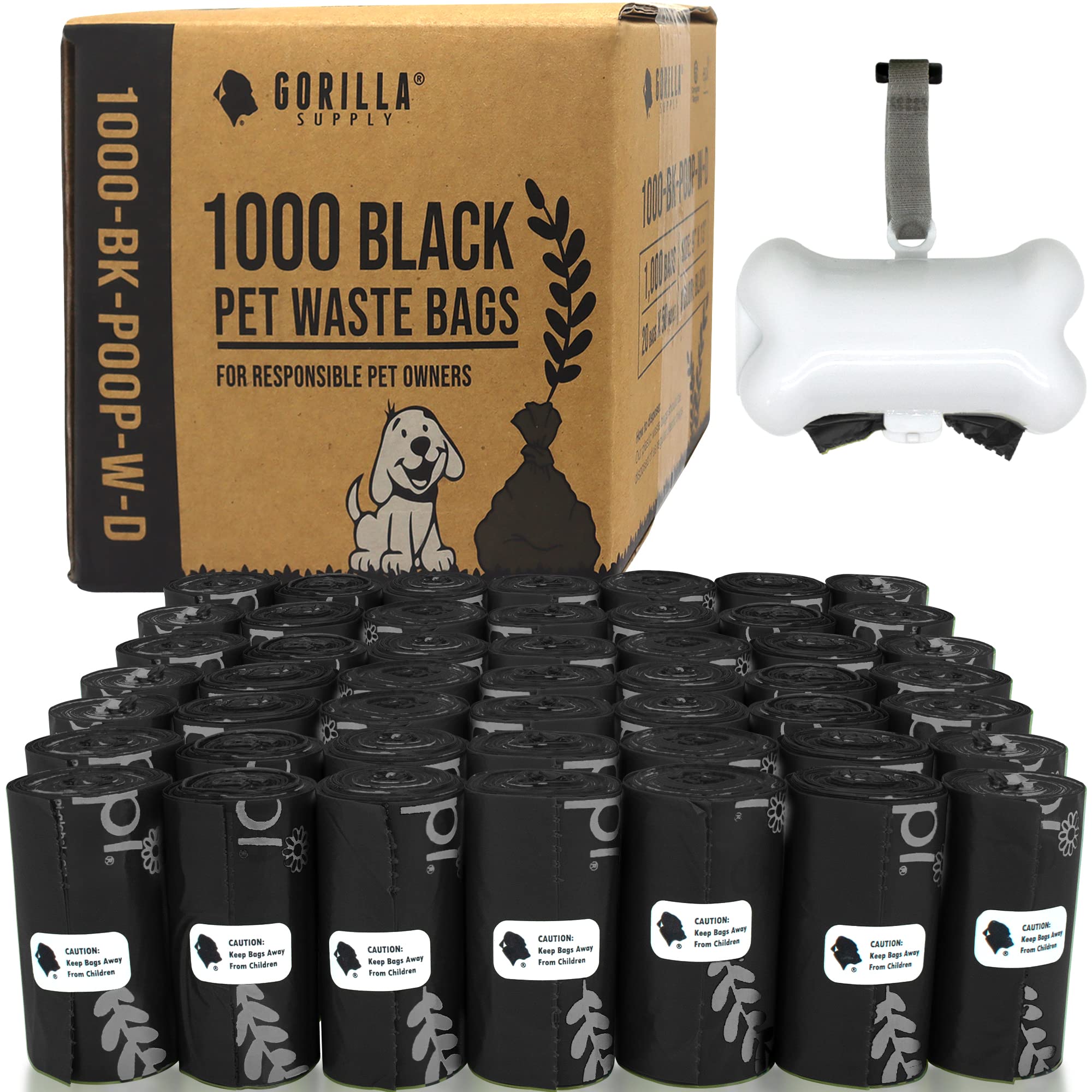 Gorilla Supply Dog Poop Waste Bags With Dispenser And Leash Tie, 9' X 13', Black, 1000 Count