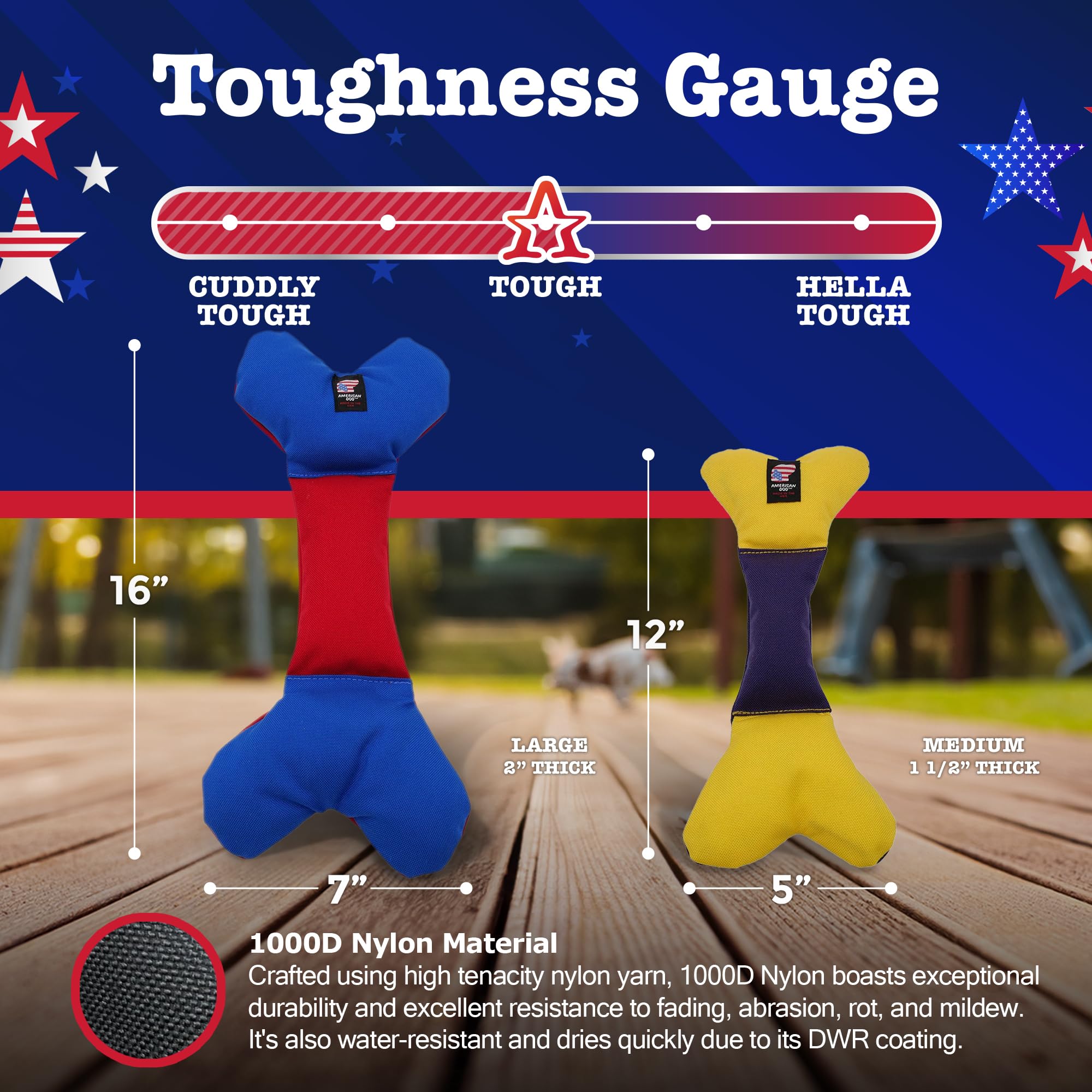 American Dog Da Bone - Durable Fetch Dog Toy Made In Usa From Pet-Safe, Machine-Washable 1000D Nylon Material With Squeaker For