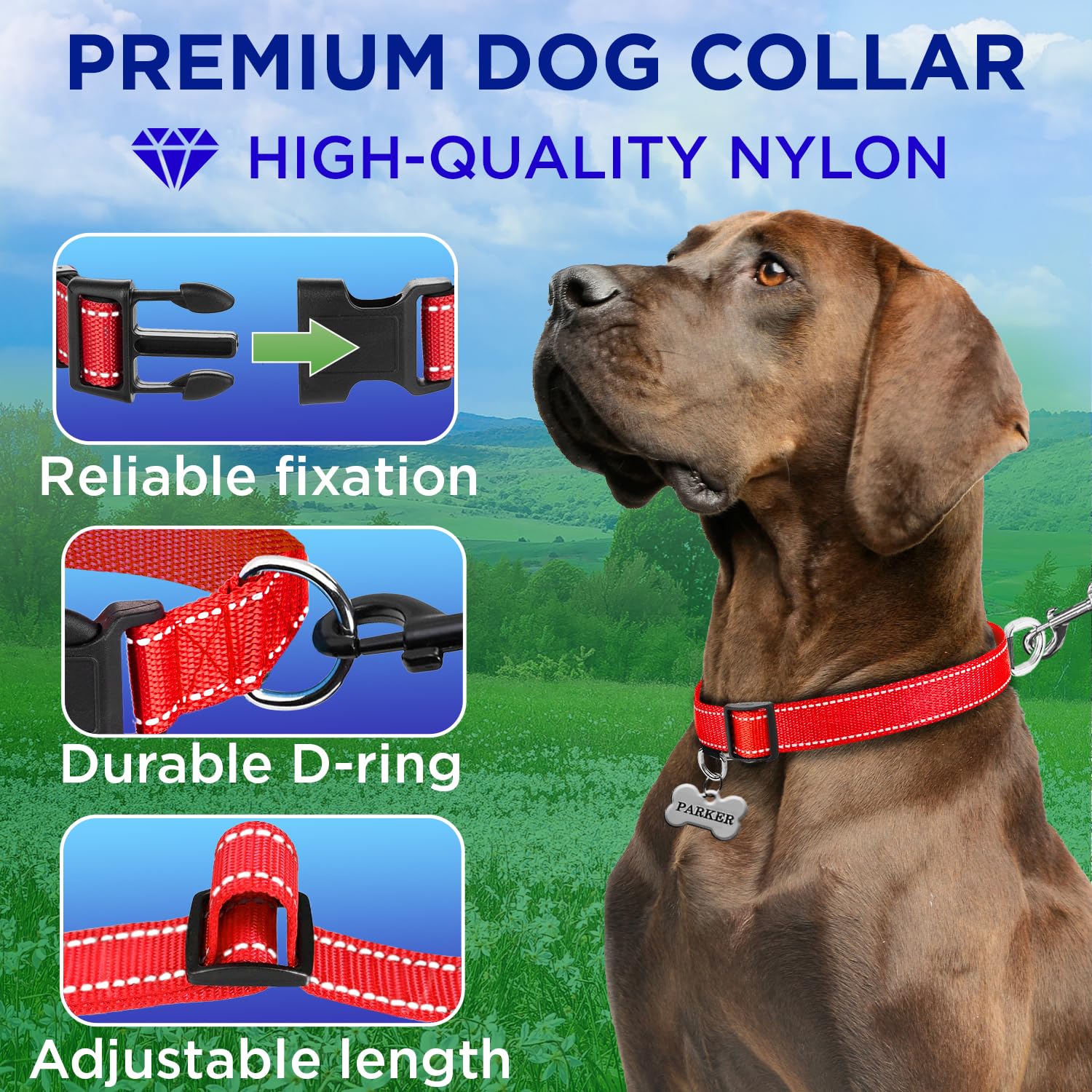 Teceum Reflective Dog Collar - Red - Xxs - Basic Nylon Pet Collar - Quick Release Buckle - Fits Small, Medium And Large Dogs, Pu