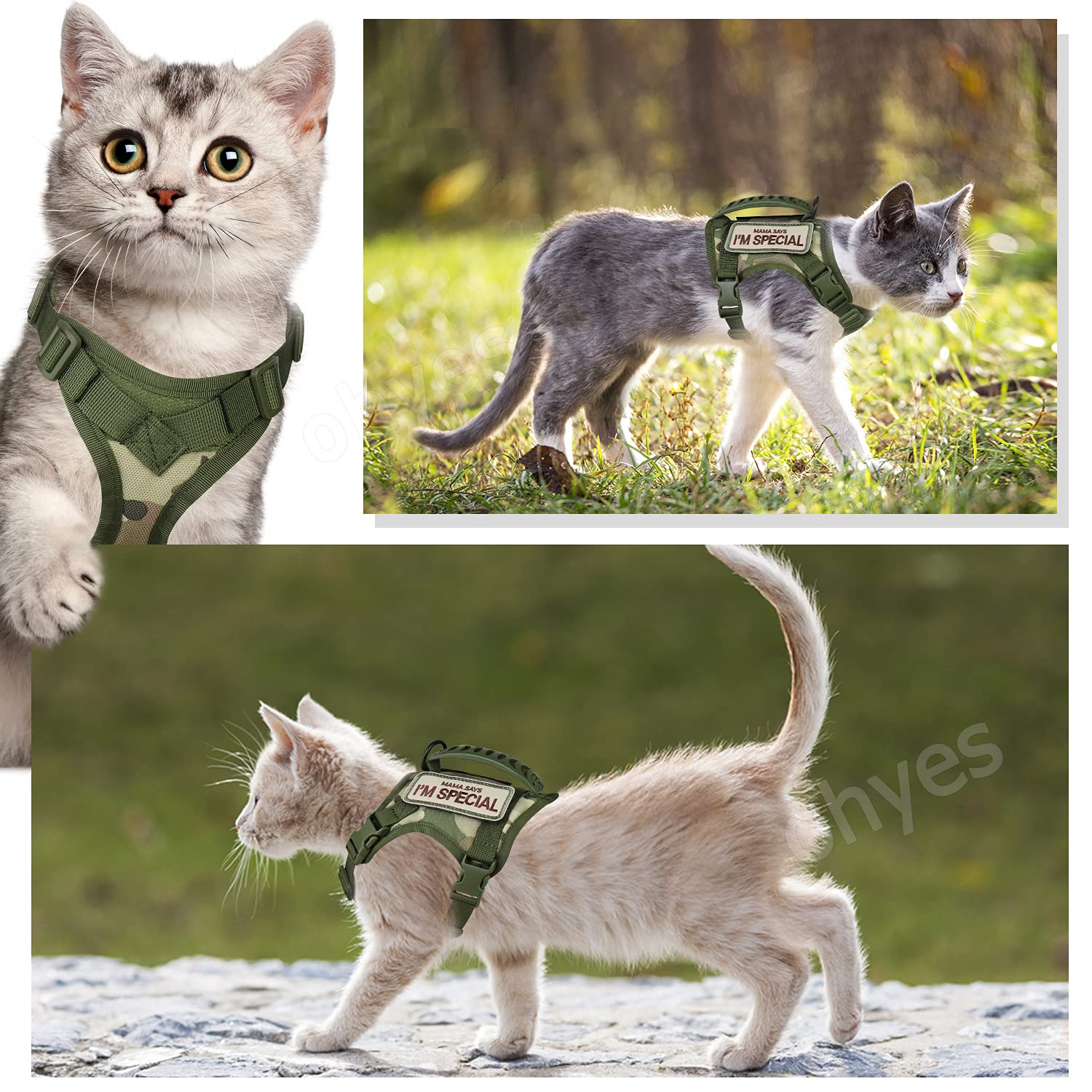 Tactical Cat Harness For Walking Escape Proof, Soft Mesh Adjustable Pet Vest Harness For Large Cat,Small Dog (L, A-Green)
