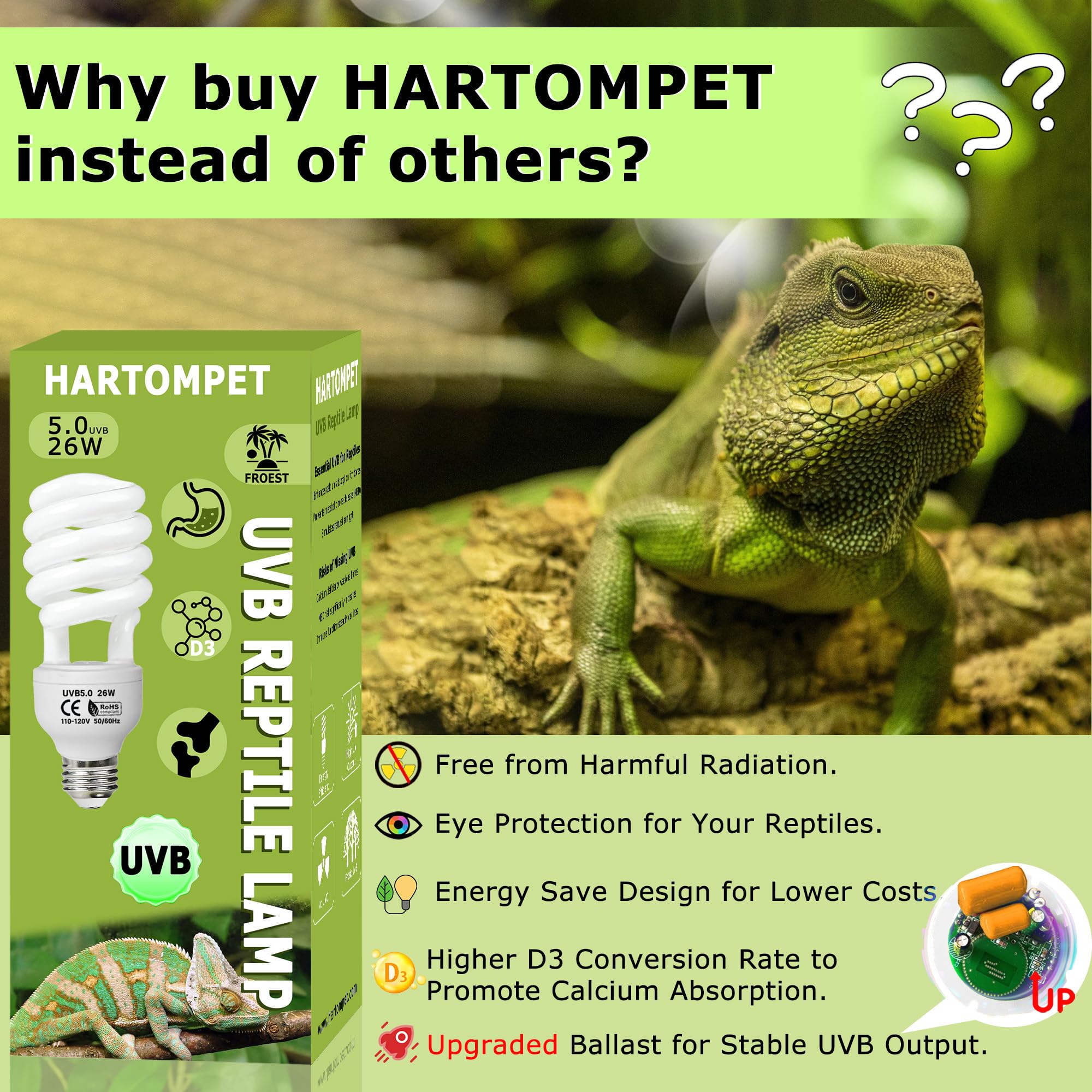 Hartompet Uvb 5.0 Reptile Light 26W, Compact Fluorescent Lamp, Coil Bulbs For Tropical And Sub-Tropical Terrariums, Ideal For Am