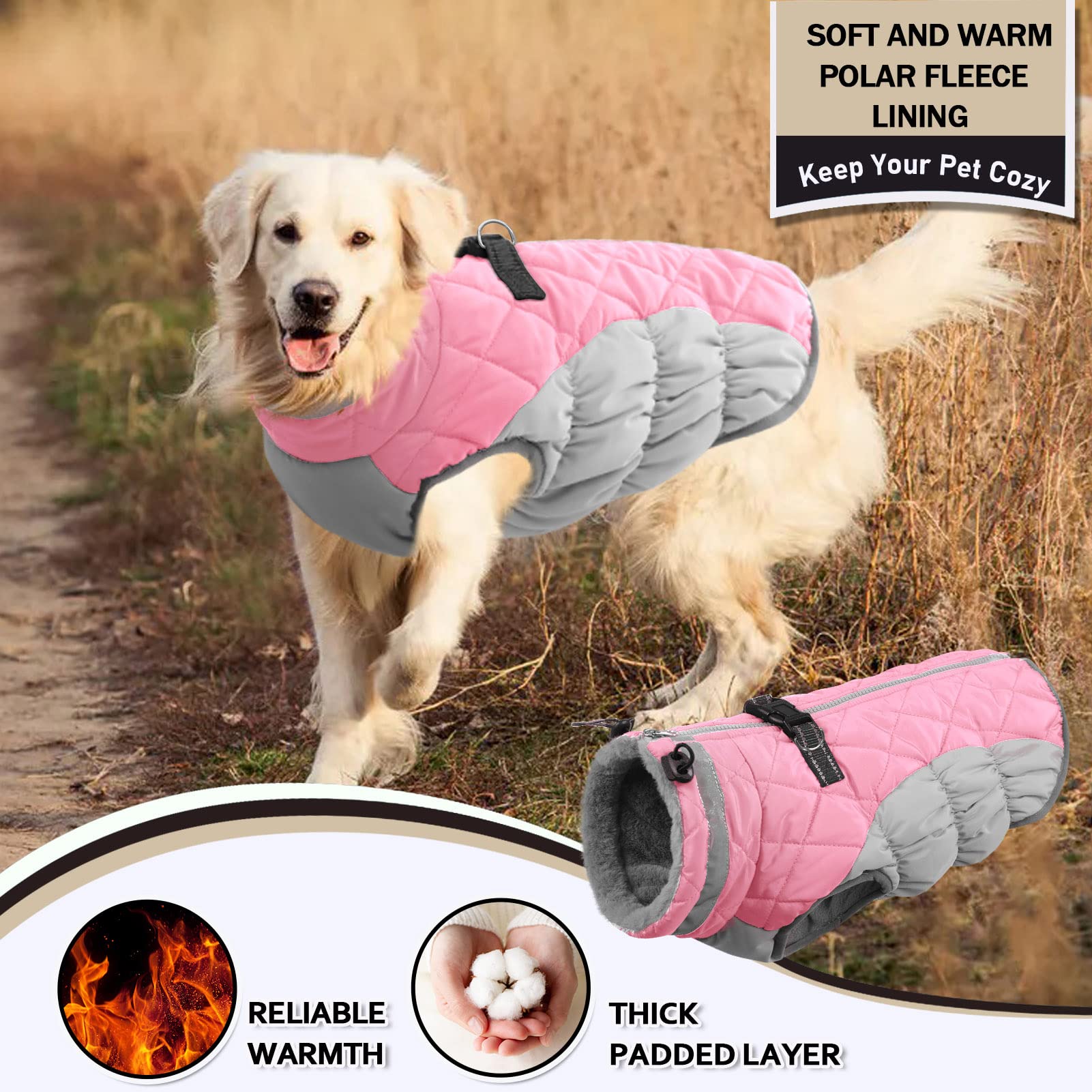 Aofitee Winter Dog Coat Warm Fleece Dog Jacket For Cold Weather, Reflective Zip Up Puppy Dog Snowproof Vest With Leash Ring, Outdoor Pet Sweater Snowsuit Apparel For Small Medium Large Dogs, Pink S