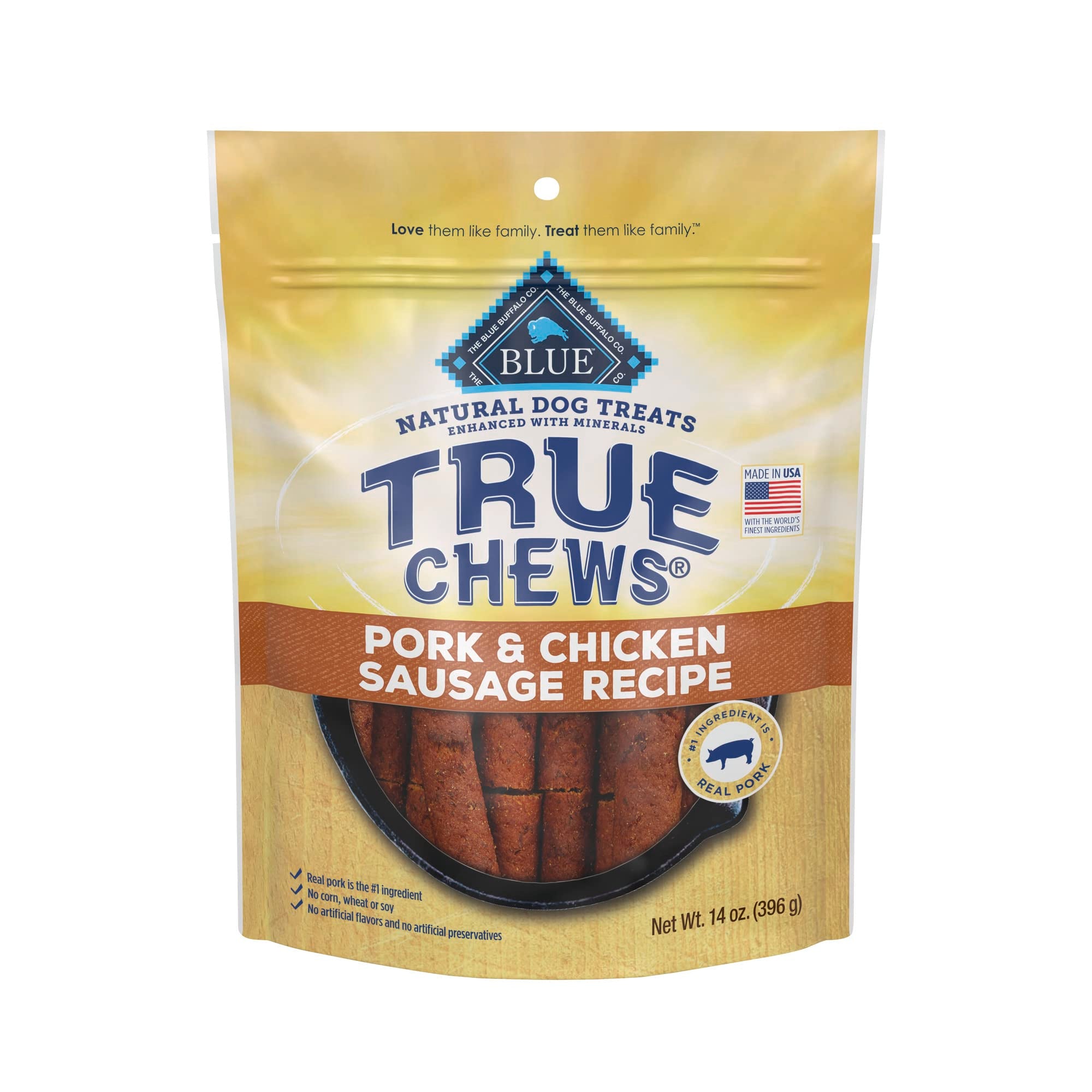 Blue Buffalo True Chews Dog Treats, Made in the USA with Natural Ingredients, Pork and Chicken Sausage Recipe, 14-oz Bag