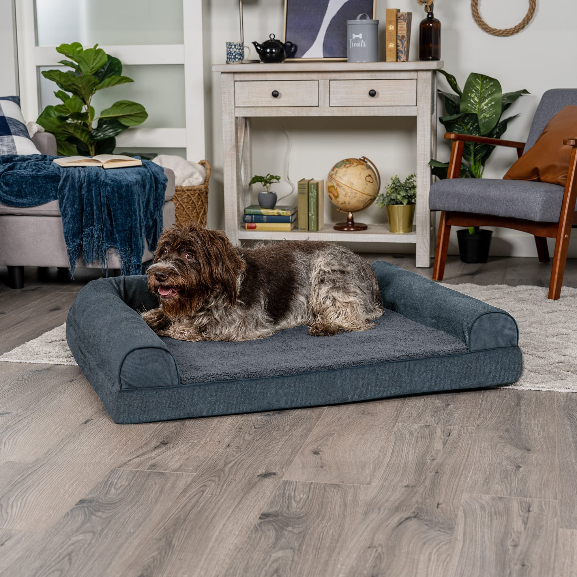 Furhaven Memory Foam Dog Bed for Large Dogs w/ Removable Bolsters & Washable Cover, For Dogs Up to 95 lbs - Sherpa & Chenille So