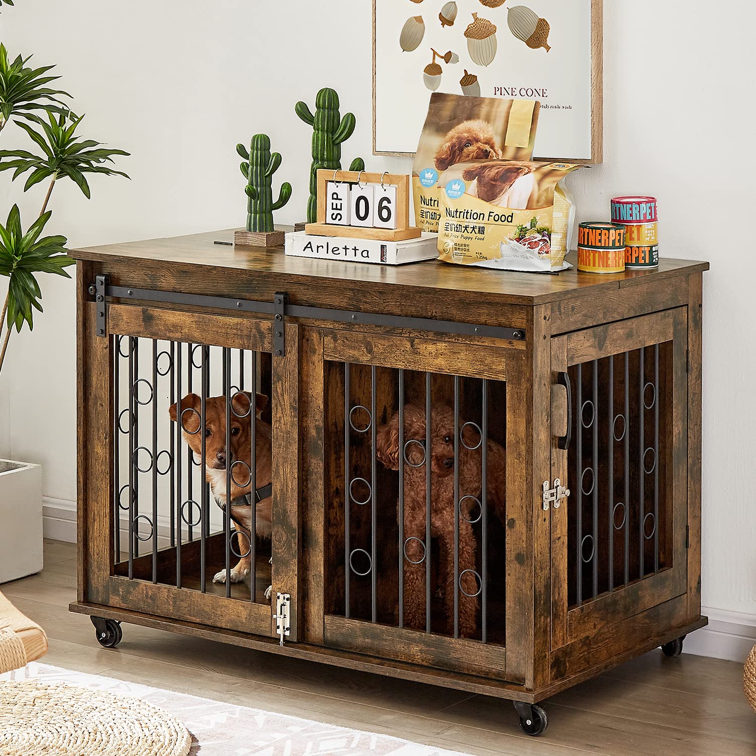IchbinGo Dog Crate Furniture with Sliding Barn Door, 39  Wooden Dog Kennel End Table with Wheels and Flip-top Plate Dog House wi