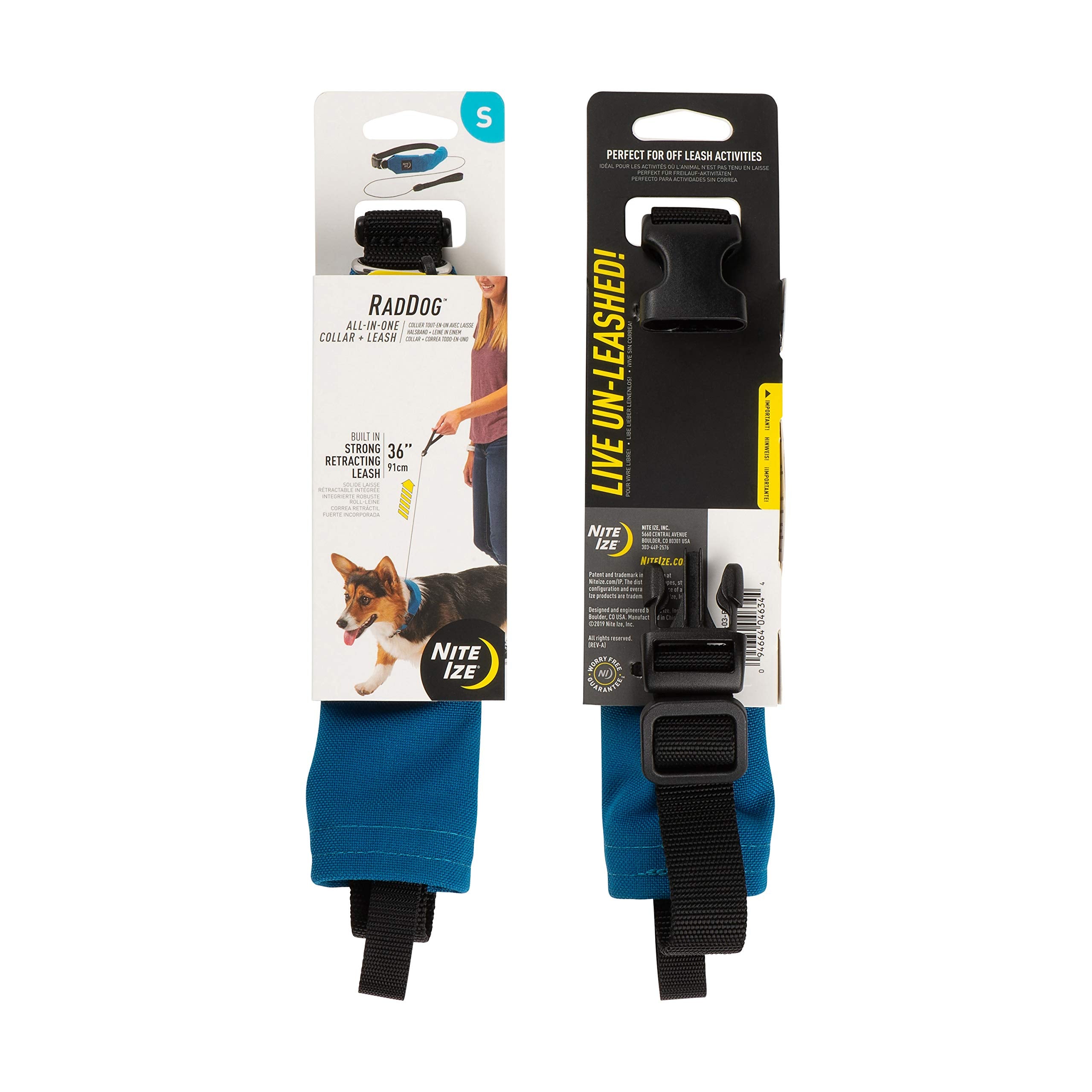 Nite Ize Raddog All-In-One Collar + Leash Combo, Dog Collar With Built-In Retractable Leash, Blue, Small 14'-16'