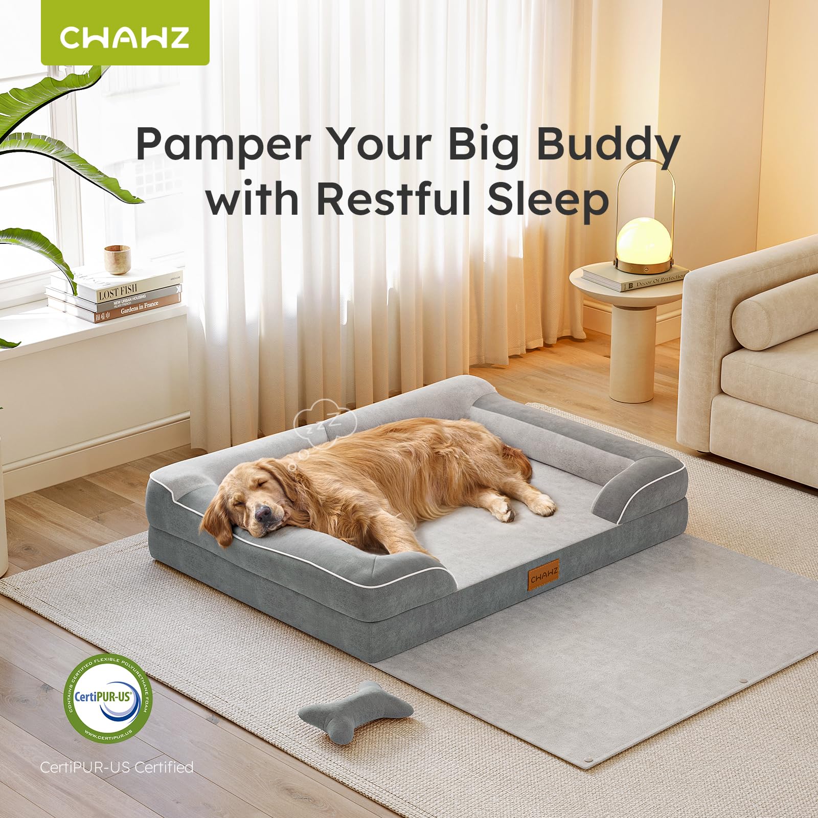 CWAWZ Jumbo Orthopedic Dog Bed - Cooling Gel Memory Foam, Waterproof Cover, Light Grey, 45" Sofa Couch, Includes Blanket & Toy