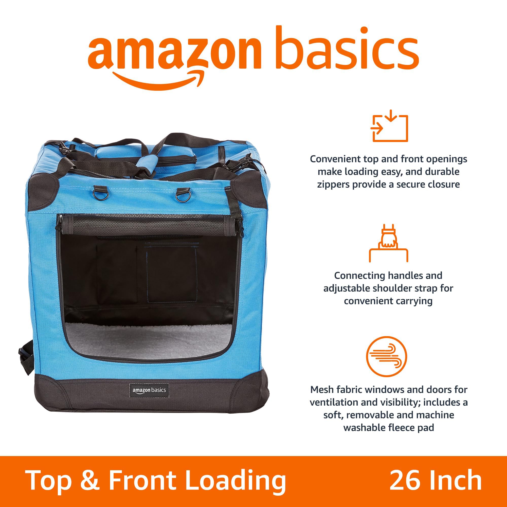 Amazon Basics Folding Portable Soft Pet Dog Crate Carrier Kennel, 26 X 18 X 18 Inches, Blue