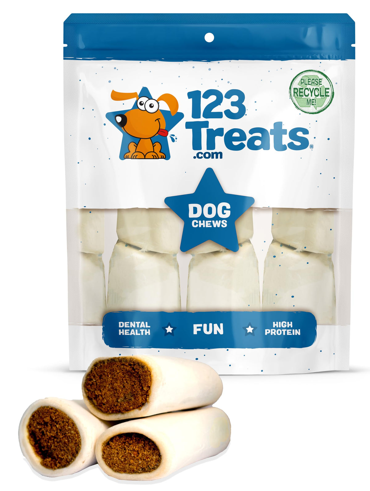 123 Treats, Peanut Butter Filled Bones For Dogs, Healthy Pb Dog Snacks For Chewing, Stuffed Shin Bones, Long Lasting Chews For Dogs, 3 To 4” Cow Bones, 10 Count, Individually Shrink Wrapped