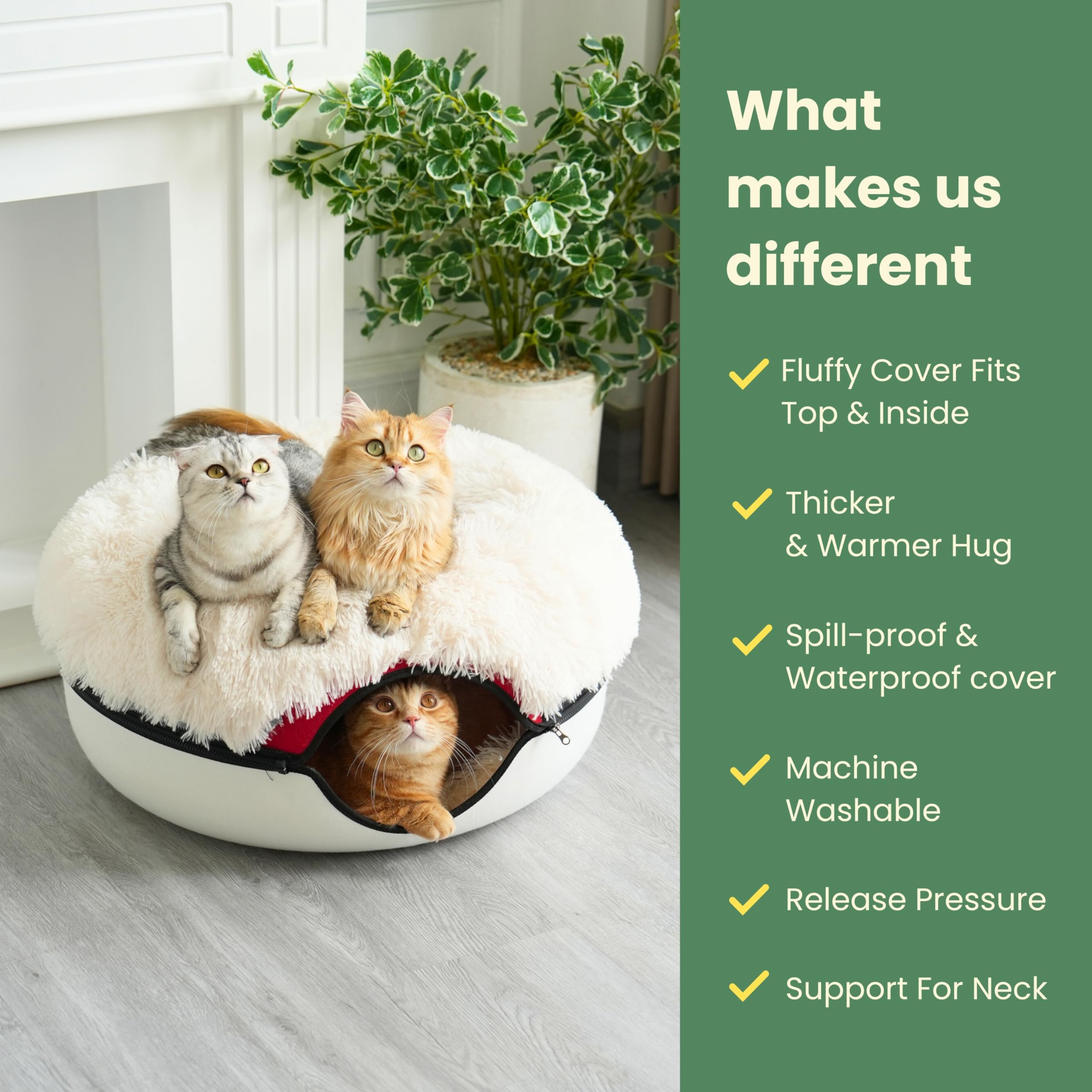 Cattasaurus Peekaboo Cat Cave For Multiple & Large Cats Up To 30-45 Lbs, Fluffy Cat Beds & Furniture, Scratch Detachable & Washa