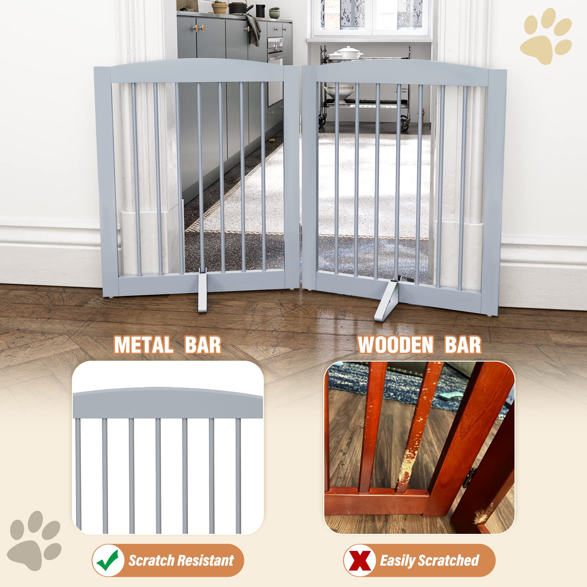 Pupetpo Freestanding Pet Gate For Dogs, Foldable Wooden Dog Gate For House, Indoor Dog Gate For Stairs, Doorways, Step Over Pet Puppy Safety Fence, Support Feet Included, 24' Height 2 Panels, Grey