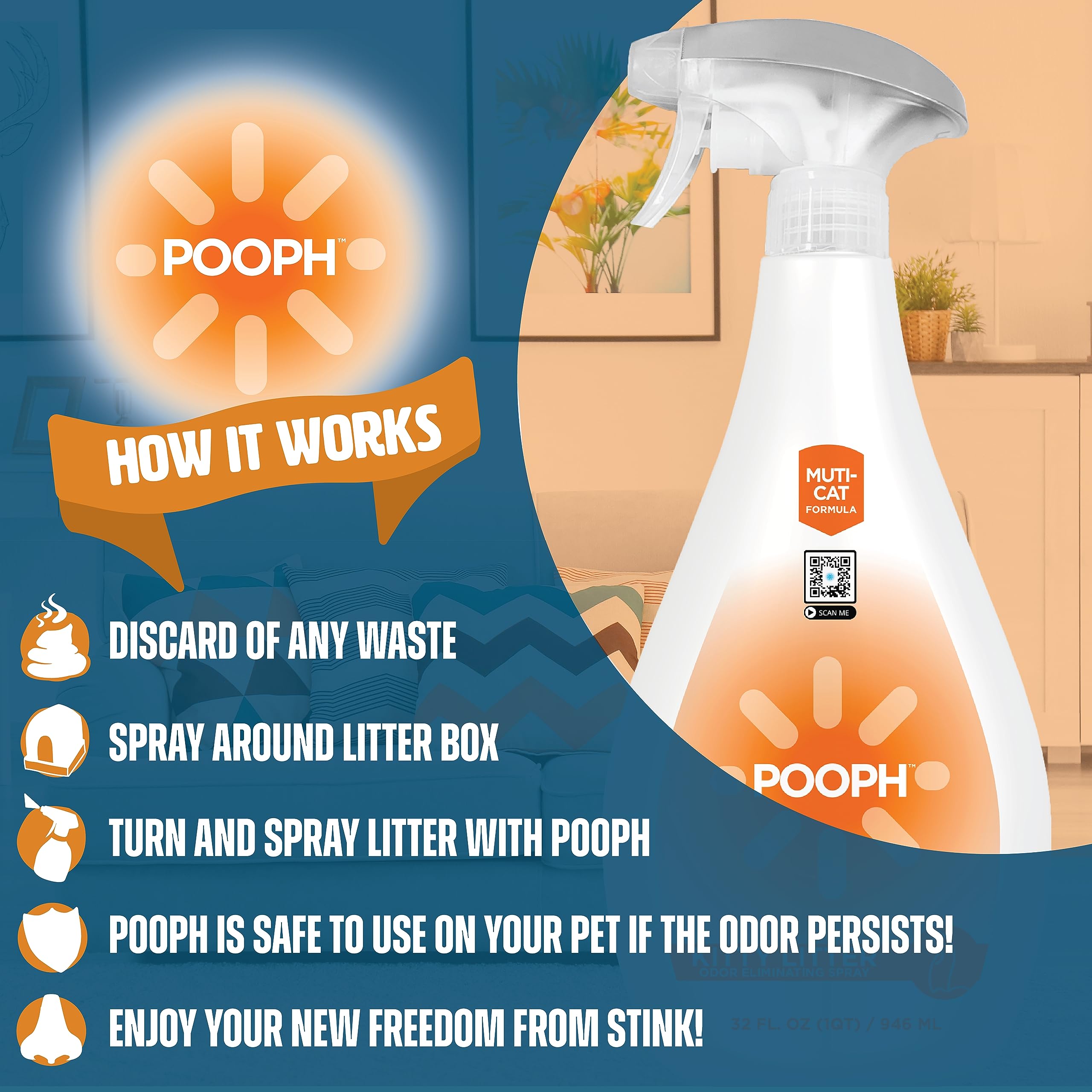 Pooph Kitty Litter Box Deodorizer, 32Oz Spray - Dismantles Odors On A Molecular Basis, Cats, Freshener, Eliminator, Urine, Poop, Pee, Deodorizer, Natures, Fresh, Clean, Furniture, Potty, Safe