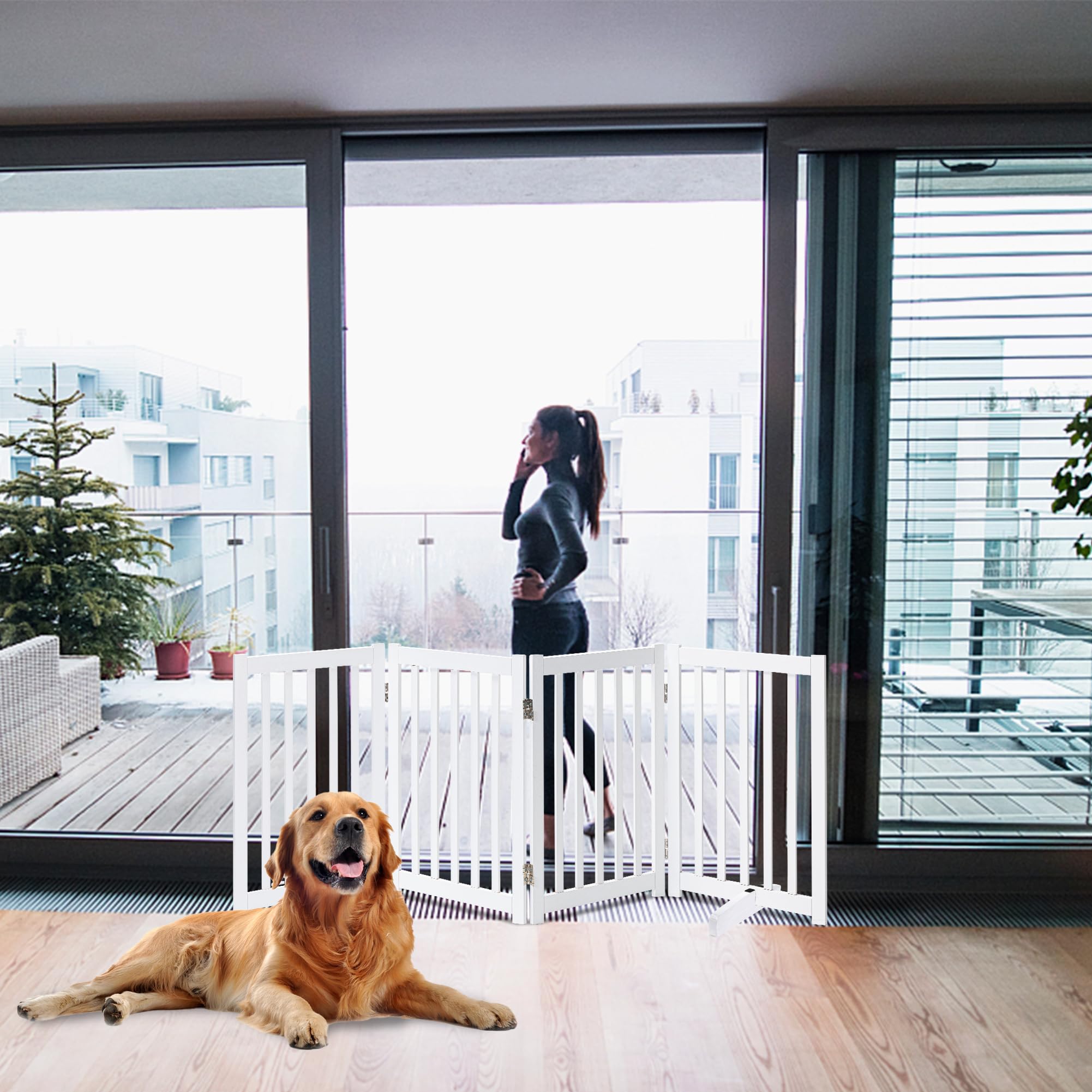 Lzrs Solid Hardwood Freestanding Pet Gate,Wooden Dog Gates For Doorways,Nature Wood Dog Gates For The House,Dog Gate For Stairs,Freestanding Indoor Gate Safety Fence,White,30' Height-4 Panels