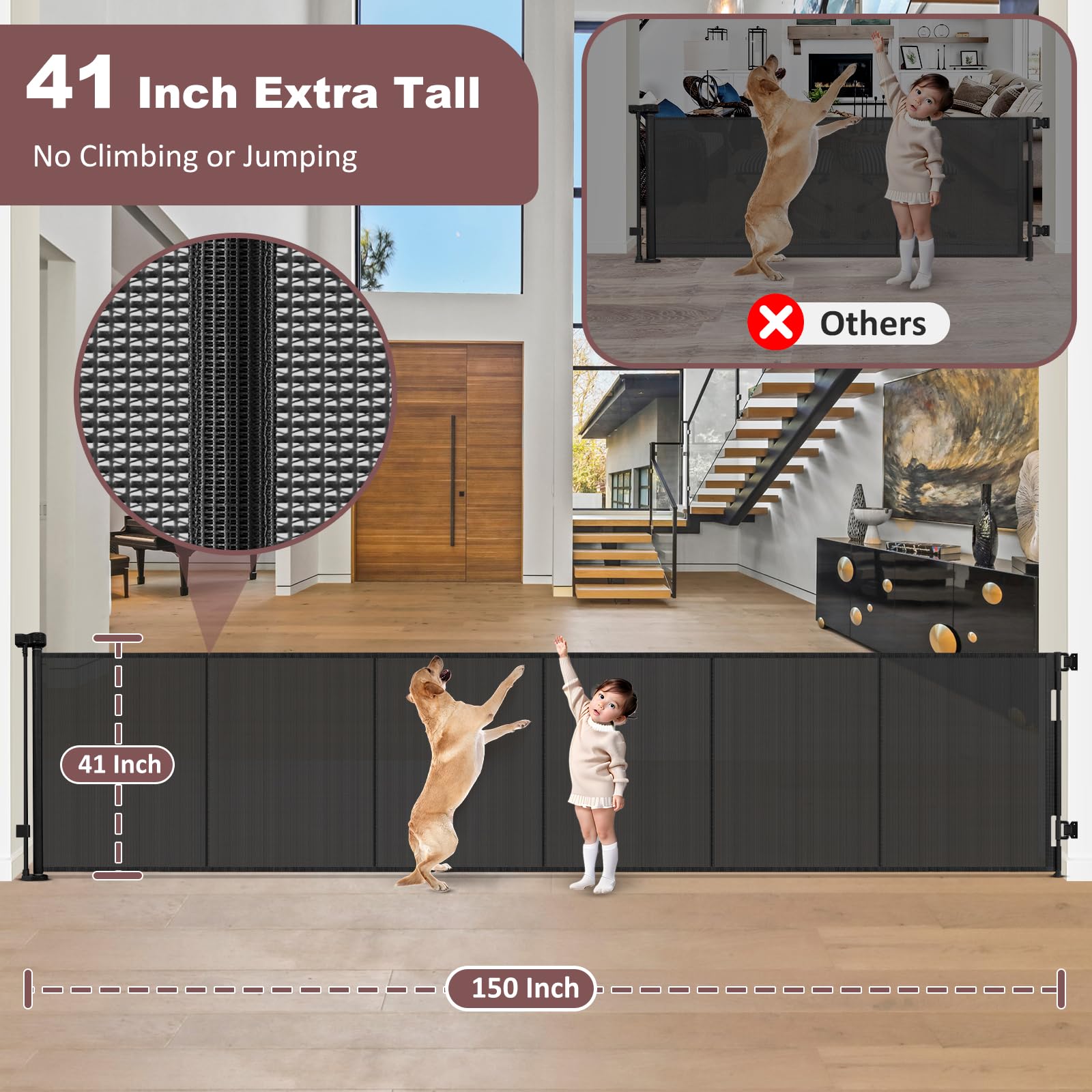 Reinforced 41'' Tall    150'' Extra Long Retractable Baby Gate with Support Rods, Indoor Dog Gates for The House Extra Wide Baby