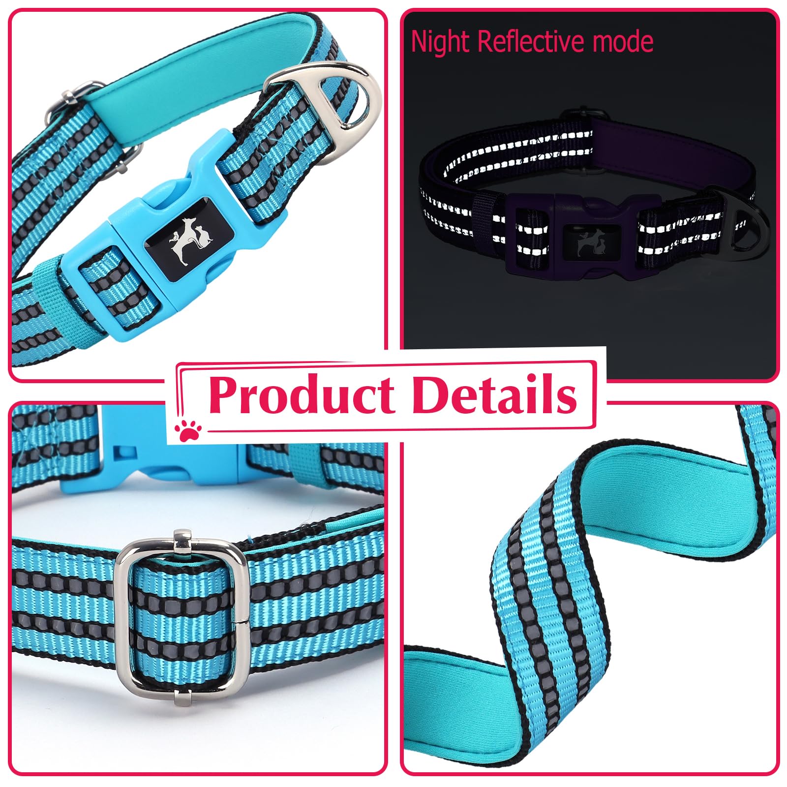 Onefojojo Reflective Medium Dog Collar - Adjustable Padded Comfort With Heavy-Duty Metal D-Ring, Night Safety Collar For Large B