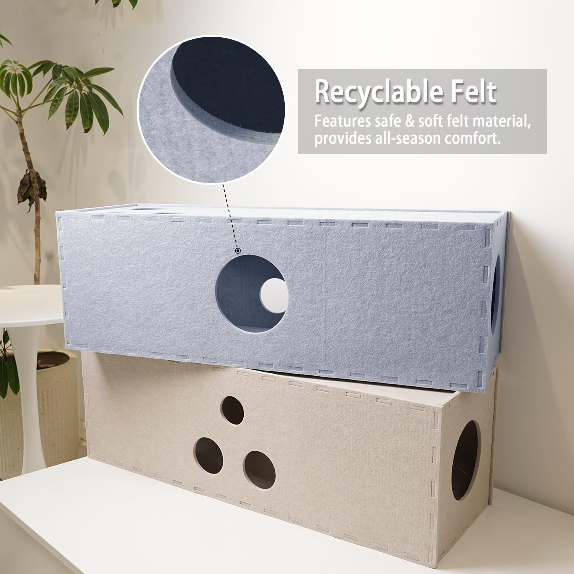 PETKARAY Cat Tunnel - L-Shape Felt Hideaway for Indoor Cats, Beige, Interactive Peek Hole, Large Kitten Play Tube