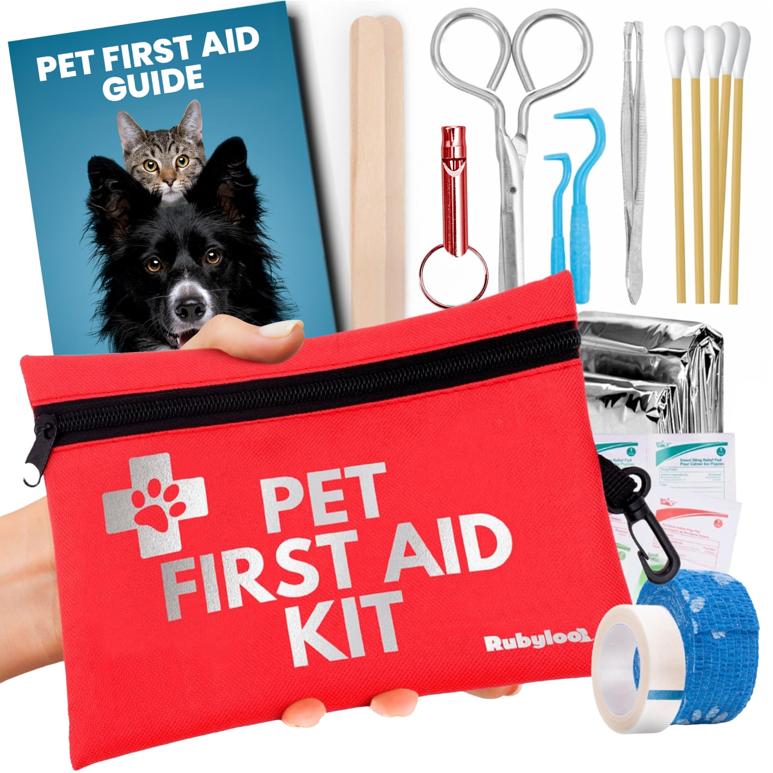 Dog First Aid Kit for Hiking & Travel - Vet Approved Emergency Supplies - Pet First Aid Kit Guide, Tick Remover, Thermal Blanket