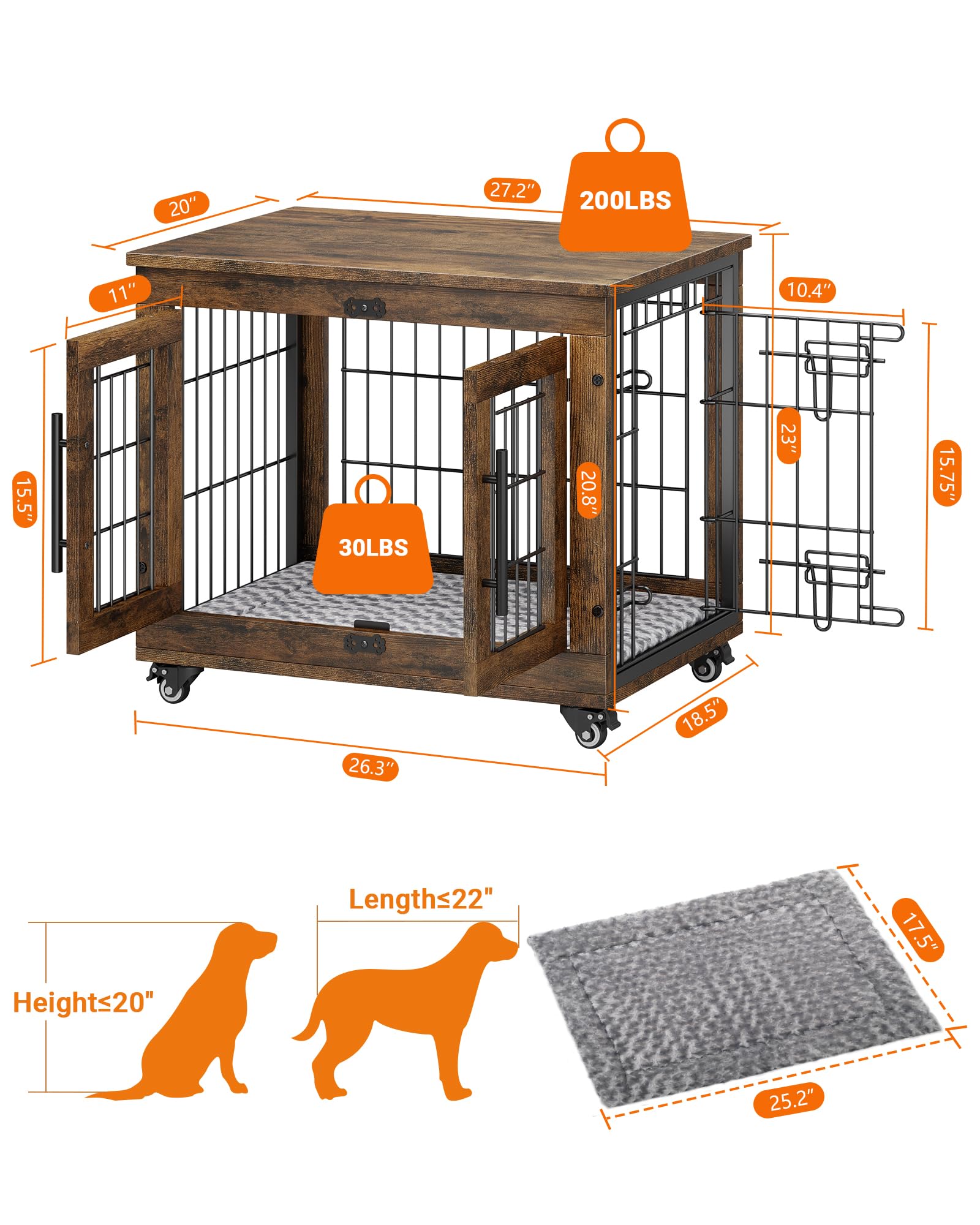 YaFiti Dog Crate Furniture with Cushion Set of 2, Wooden Dog Kennel Indoor with Double Doors, Dog Cage with Wheels, Dog House Si