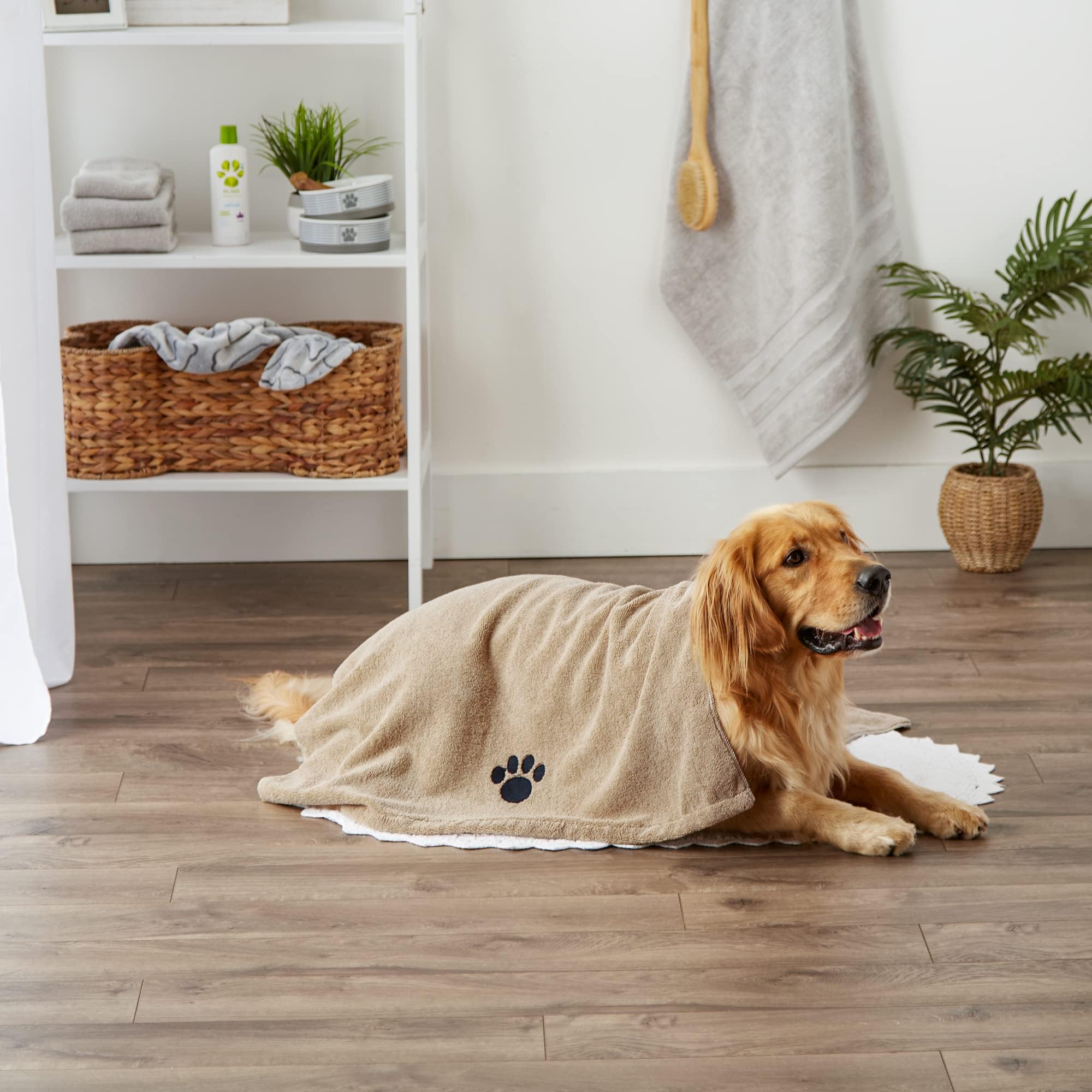 Bone Dry Pet Grooming Towel Collection Absorbent Microfiber X-Large, 41X23.5'', Embroidered Taupe