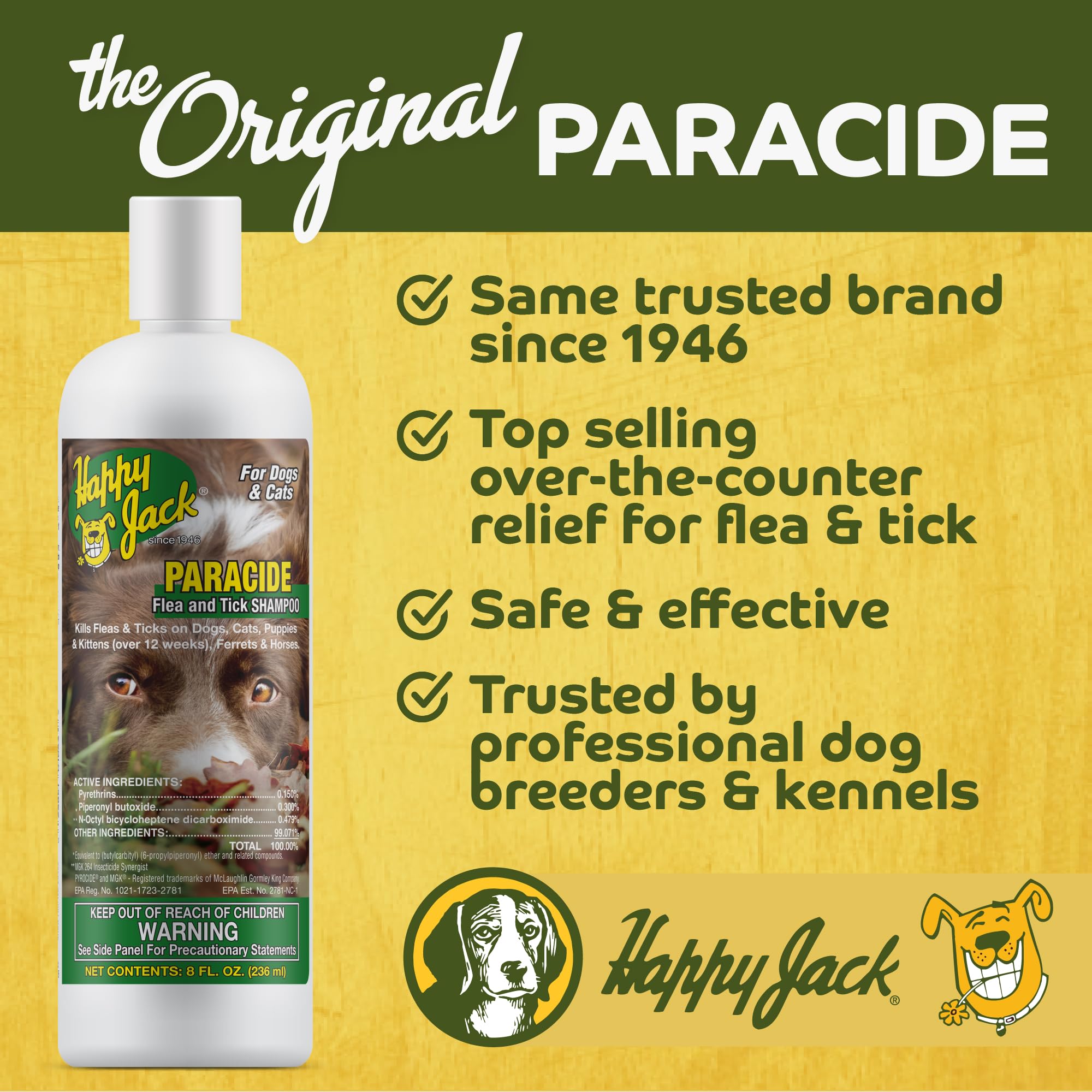 HAPPY JACK Flea & Tick Shampoo for Dogs & Cats, 8 oz - Effective Flea and Tick Prevention