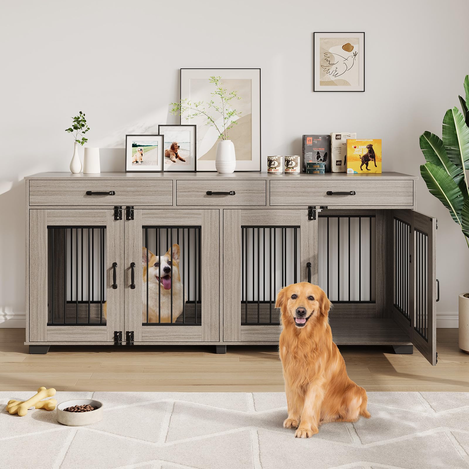 71 in Large Dog Crate Furniture for 2 Dogs with 3 Drawers, Heavy Duty Double Indoor Dog Kennel and TV Stand for Medium Large Dog