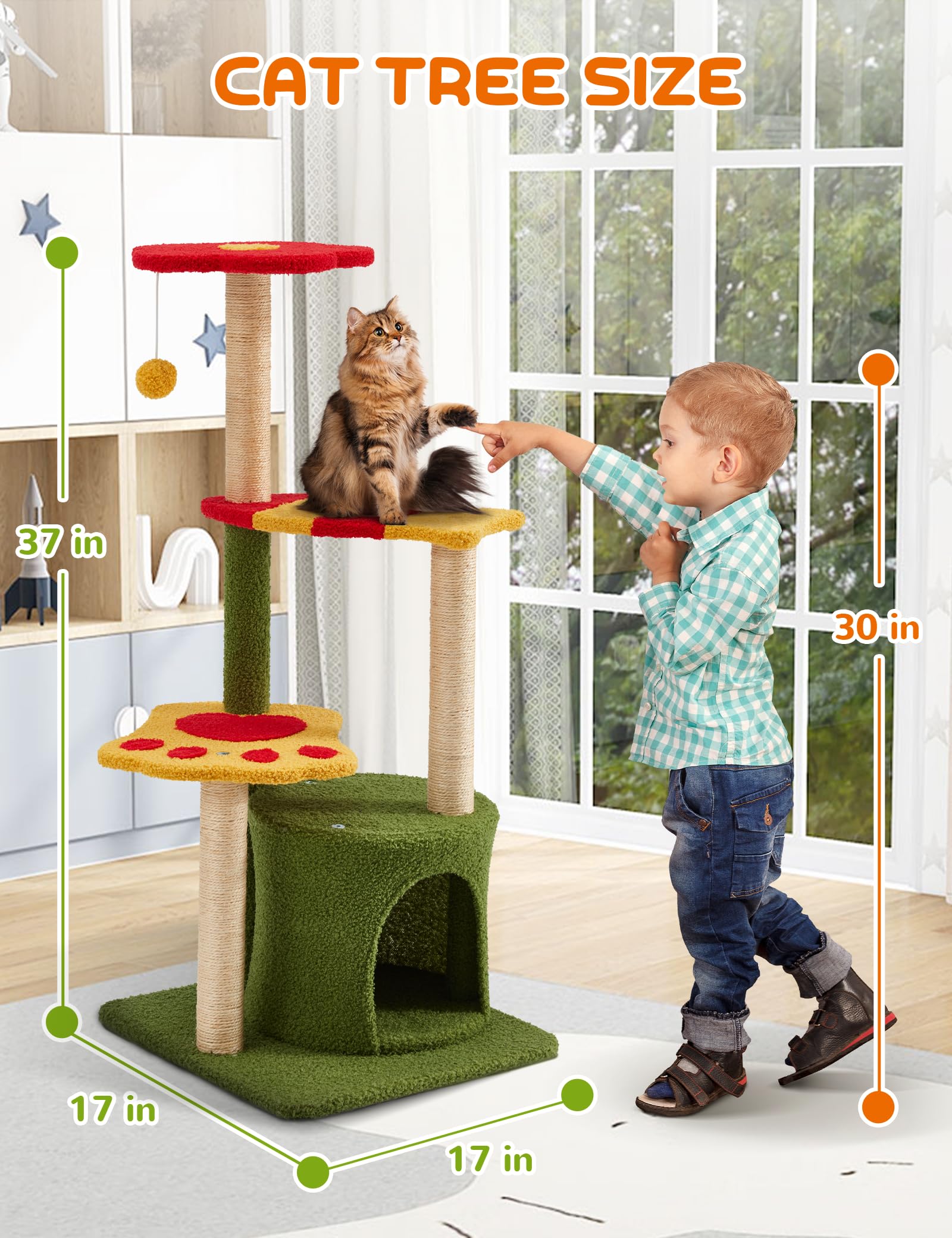Flower Cat Tree 37In Cute Cat Tree Tower For Indoor Cats With 3 Sisal Covered Scratching Posts, Cozy Tower Condo, Padded Top Per