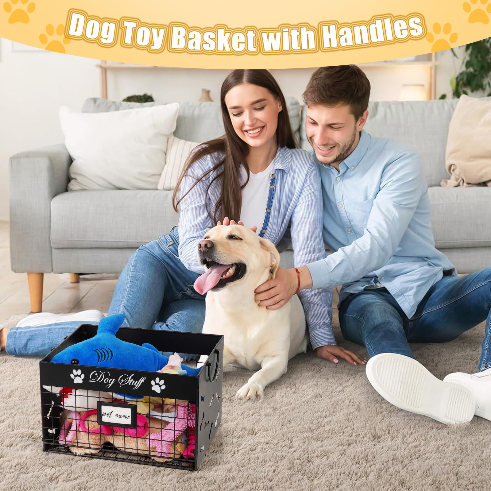 Bfttlity Dog Toy Bin - Metal Dog Toy Basket Box with Handles and Label Position Design Perfect for Pet Toys, Blankets, Clothes a