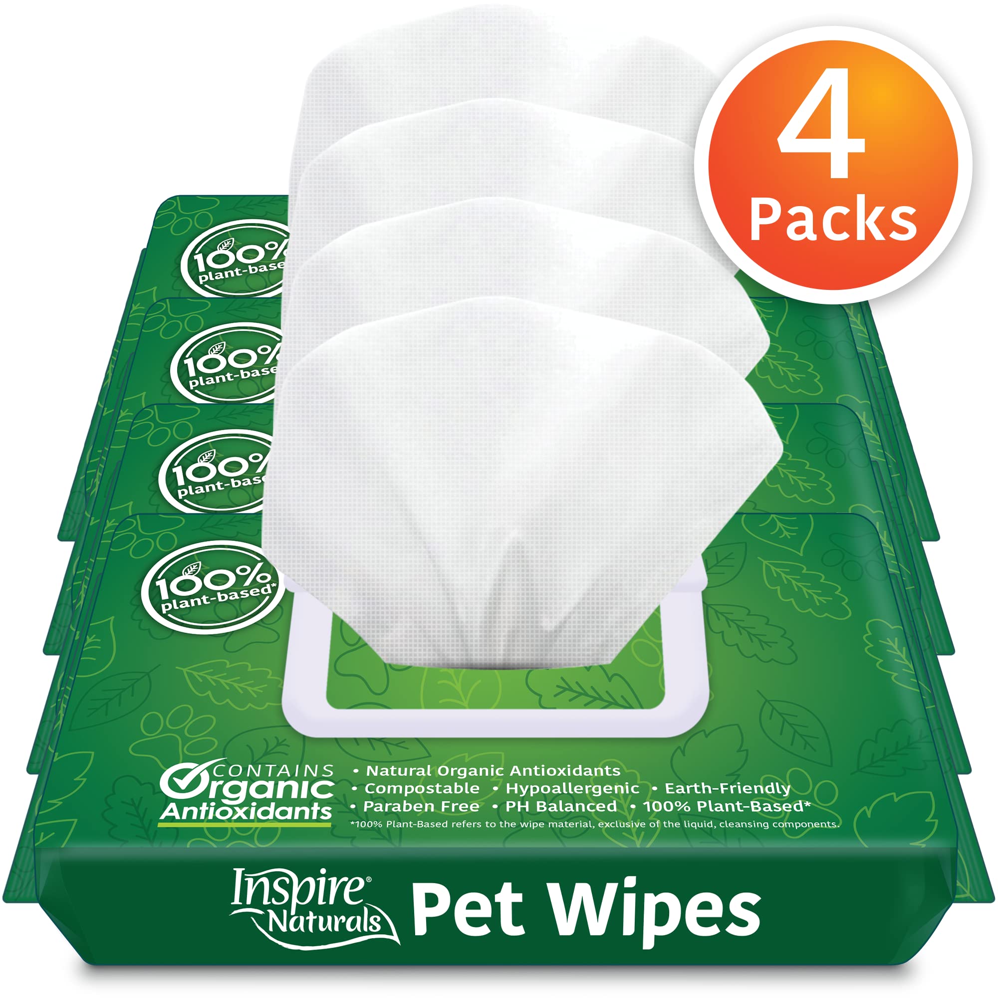 Inspire Naturals Pet Wipes 100% Natural Plant Based With Organic Antioxidants, Dog Wipes Cleaning Deodorizing Cat Wipes | Dog Bath Dog Ear Wipes | Dog Wipes For Paws And Butt (200Ct - 4 Pack)
