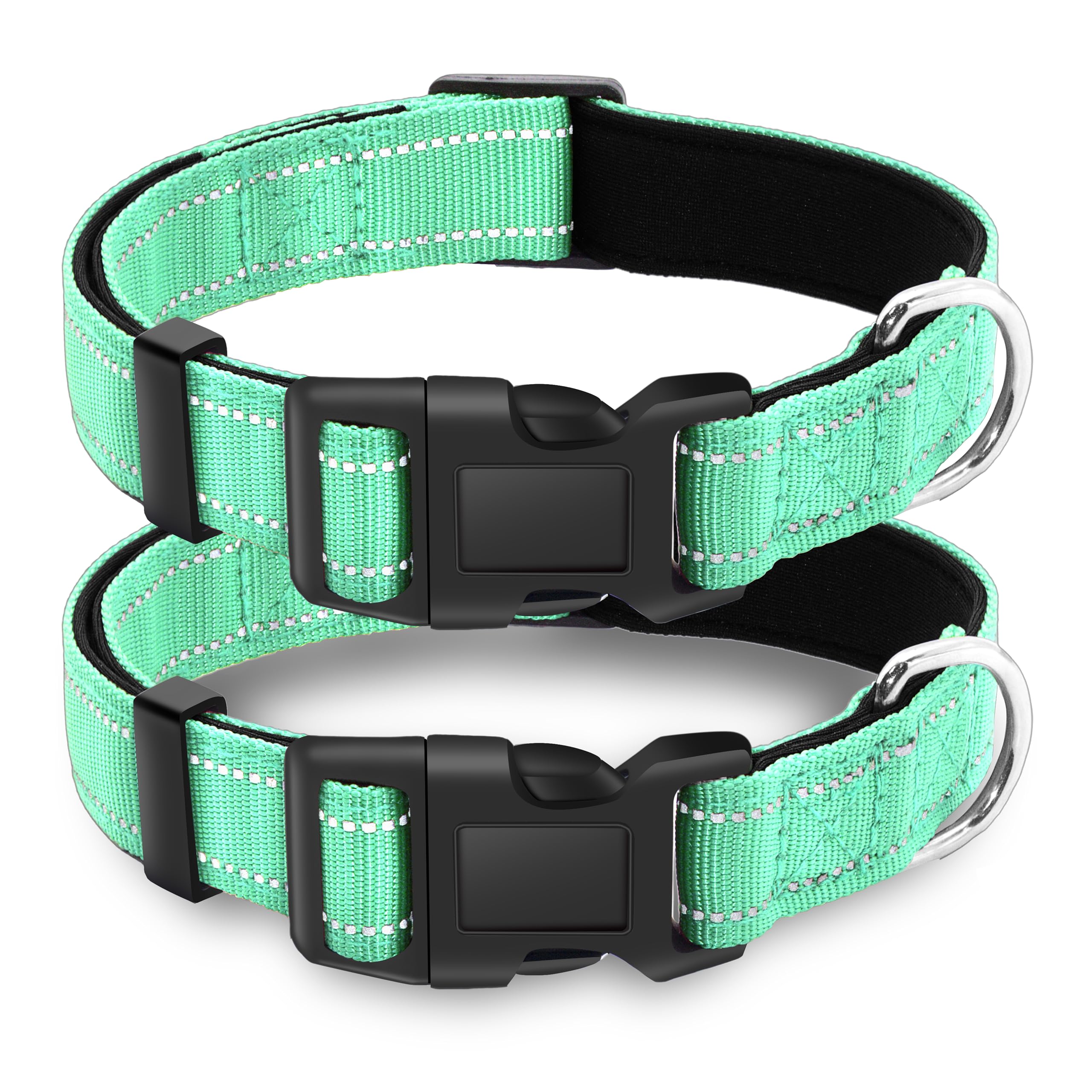 Lievuiken 2 Pack Reflective Dog Collar With Safety Locking Buckle, Adjustable Soft Breathable Comfortable Nylon Pet Collar For Small, Medium And Large Dogs, Turquoise, M