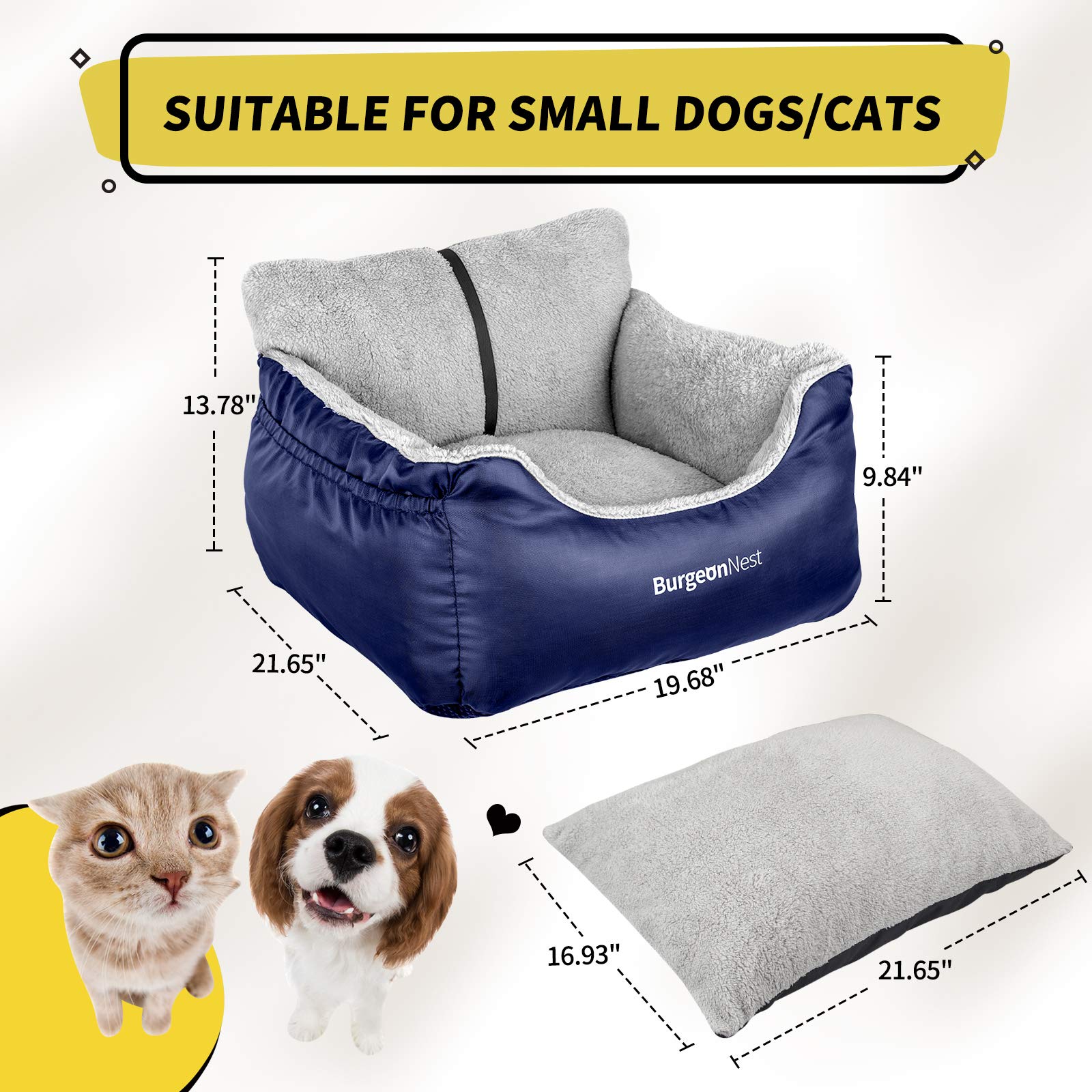 Burgeonnest Dog Car Seat For Small Dogs, Fully Detachable And Washable Cat Carseats Under 25 Lbs, Soft Pet Booster Seats With Storage Pockets And Clip-On Leash Portable Car Travel Carrier Bed, Blue