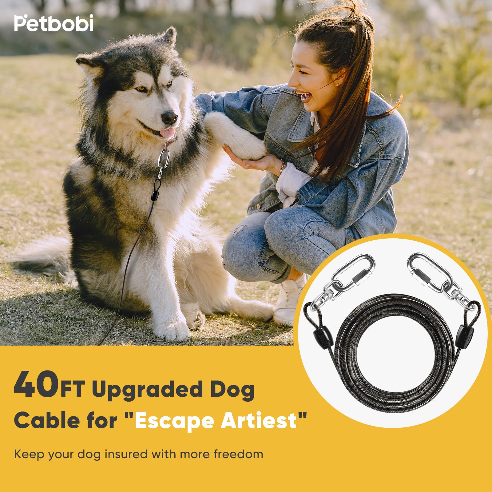 Petbobi Heavy-Duty Dog Tie-Out Cable - 40Ft Extra Strong Wire Cable For Large Pets Up To 300Lbs, Rust Proof Dogs Leash With Cara
