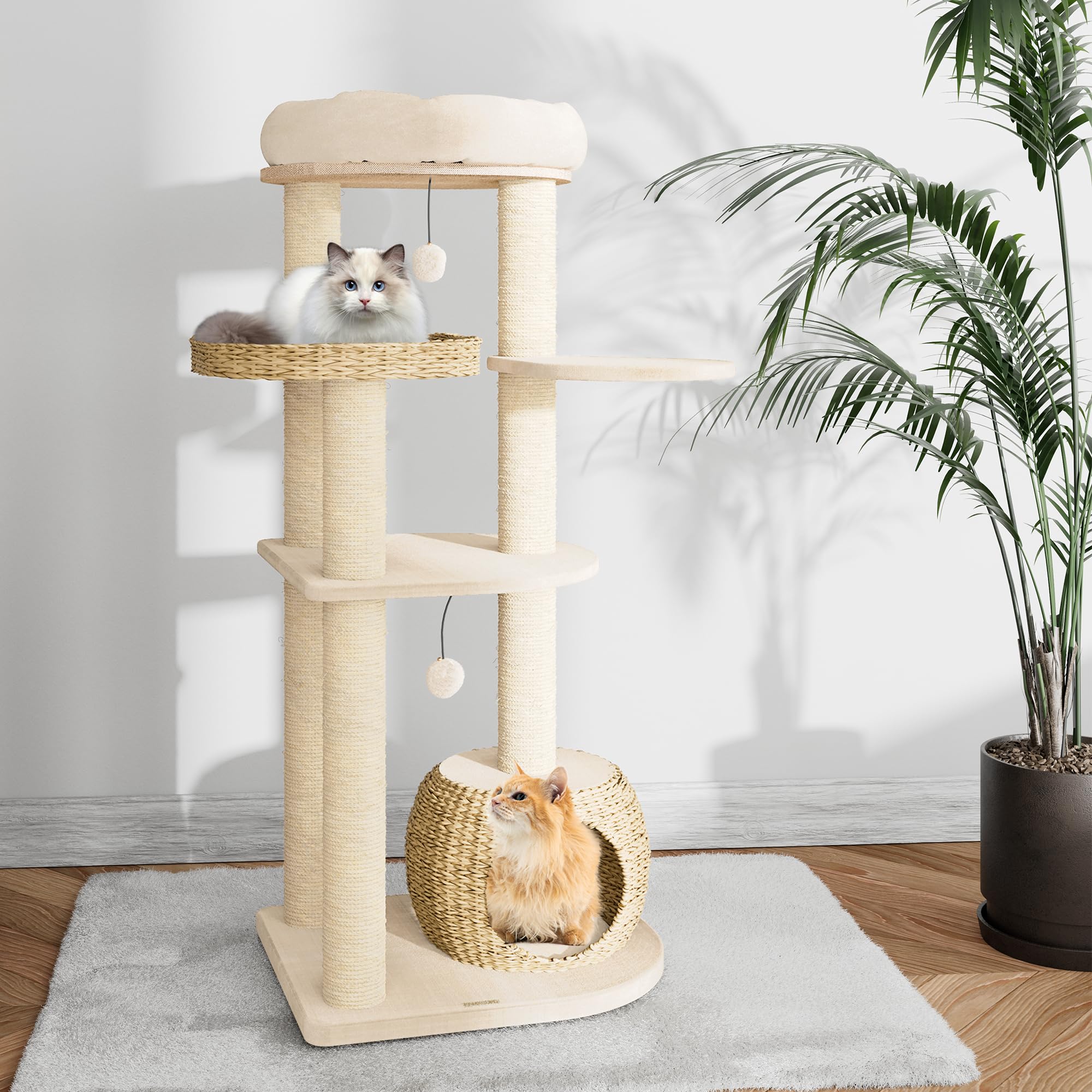 Kamaboko Modern Cat Tree, 53'' Tall Cat Trees For Indoor Cats W/Natural Sisal Scratching Posts, Hand-Woven Condo & Top Perch, Ca