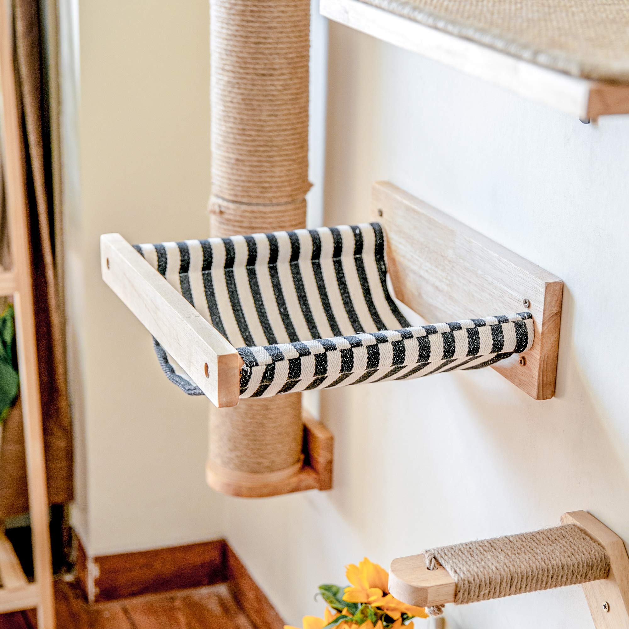 Fukumaru Cat Hammock Wall Mounted, Kitty Beds And Perches, Wooden Cat Wall Furniture, Stable Cat Wall Shelves For Sleeping, Playing, Climbing, And Lounging, Black Stripe Cat Shelves