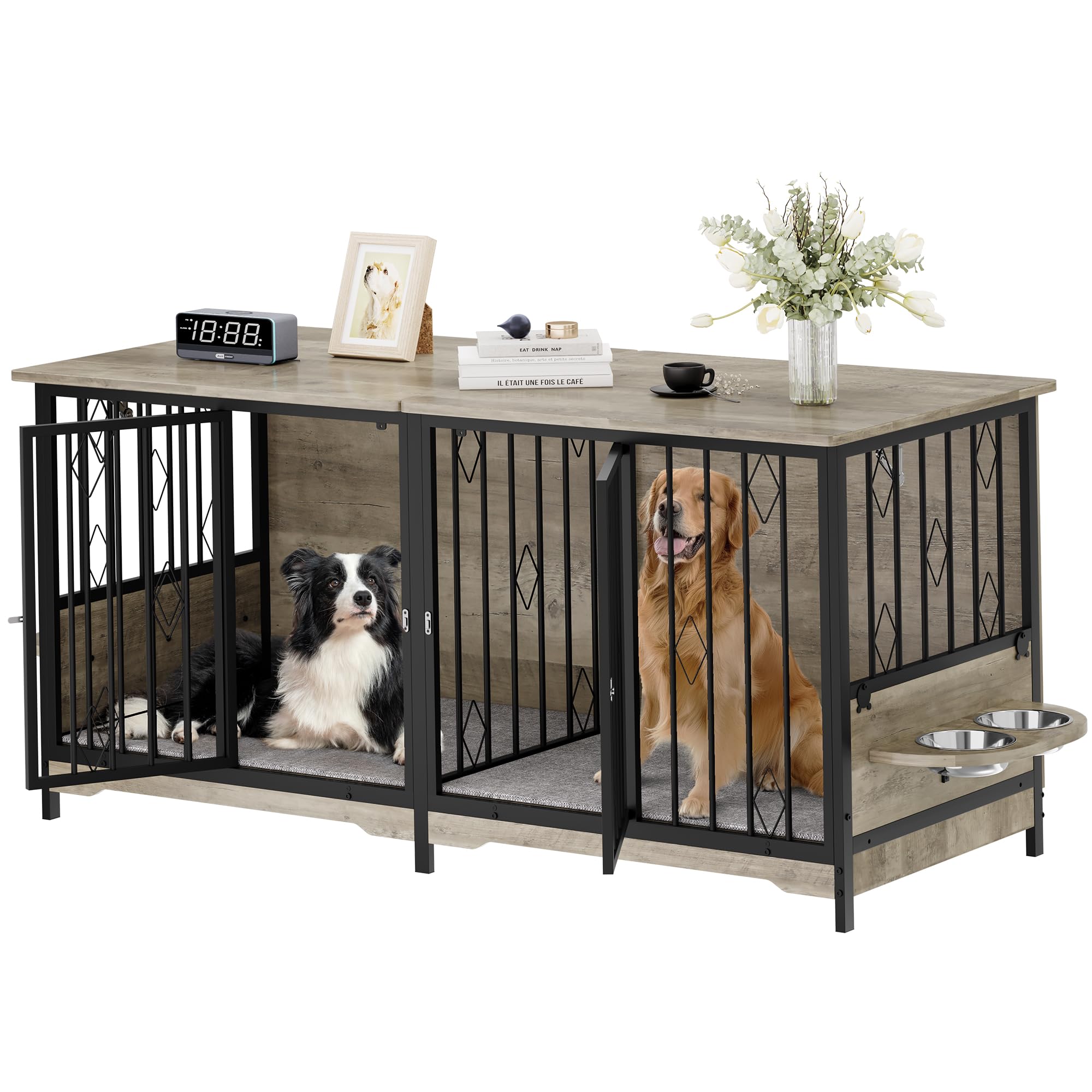 YITAHOME 71 Double Dog Crate Furniture with Divider, Wooden Large Dog Kennel with Flip-Top&4 Rotatable Bowls&2 Cushions, Dog Cra