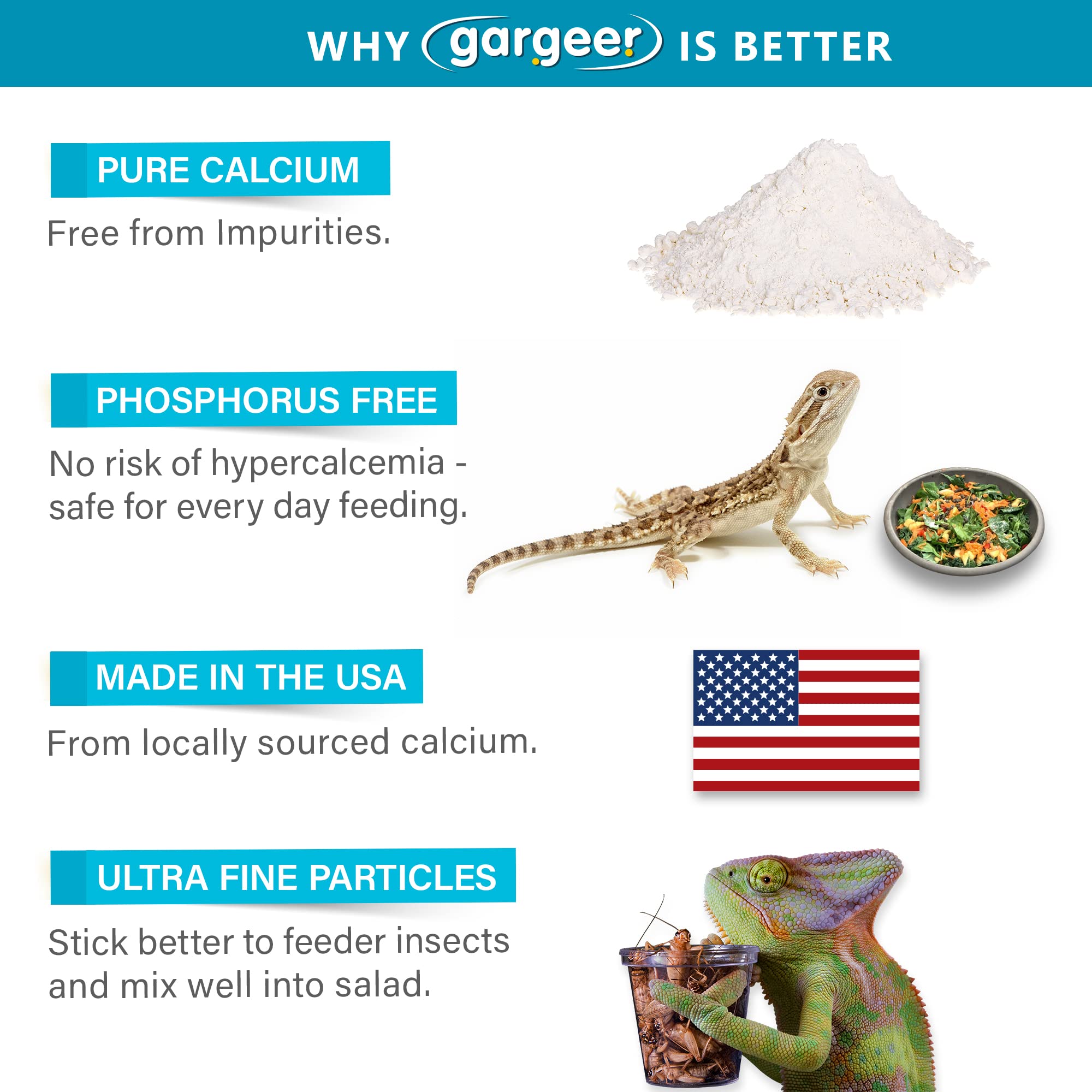 Gargeer 4oz All Reptile Calcium Powder, Phosphorus-Free Ultrafine Powder, Pure Dust Without Vitamin D3, Ready to Use for All Rep