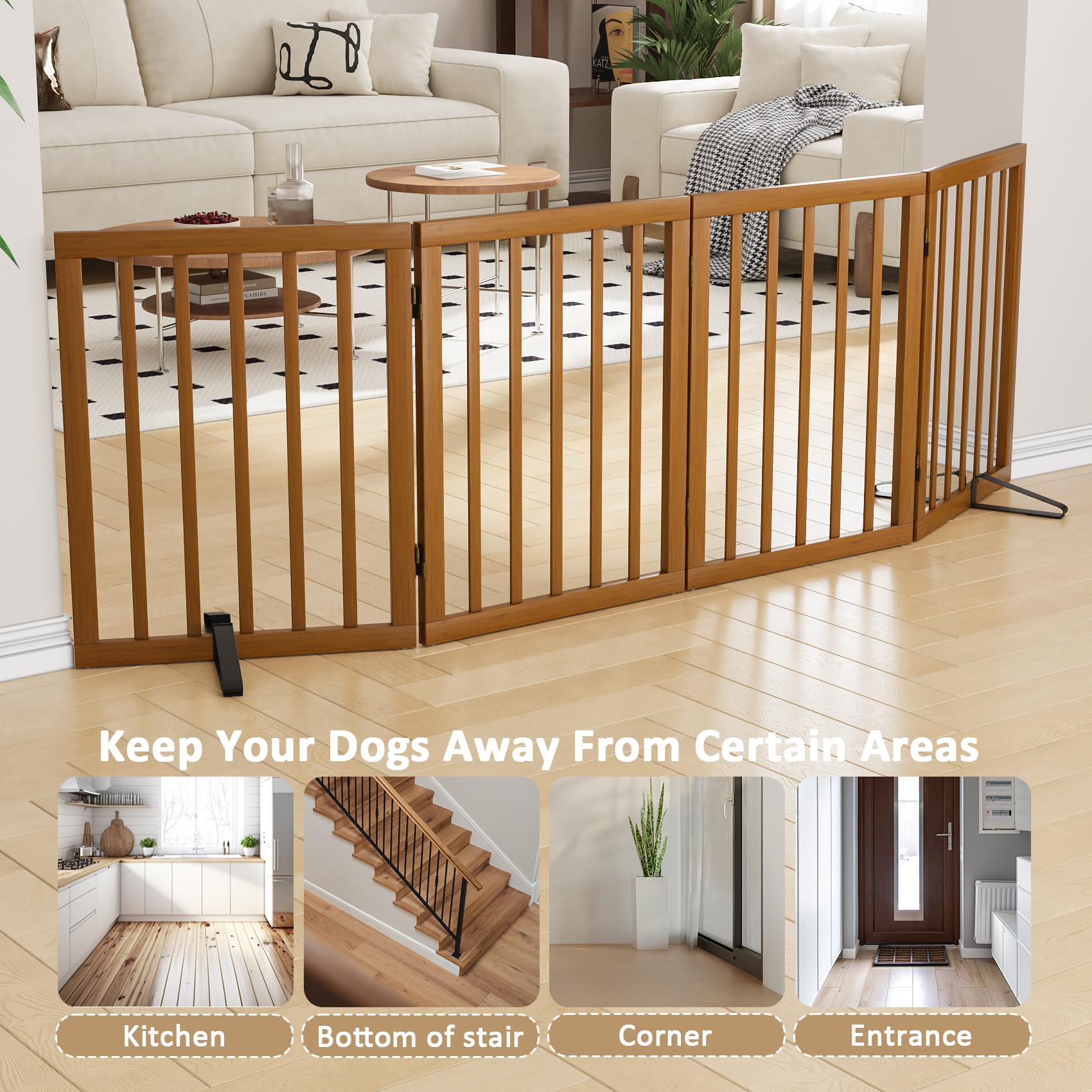 Mino Kesper Freestanding Pet Gate Foldable 4 Panel Dog Gate Walnut Dog Gates for Stair Doorways House Indoor (2 Support Feet Inc