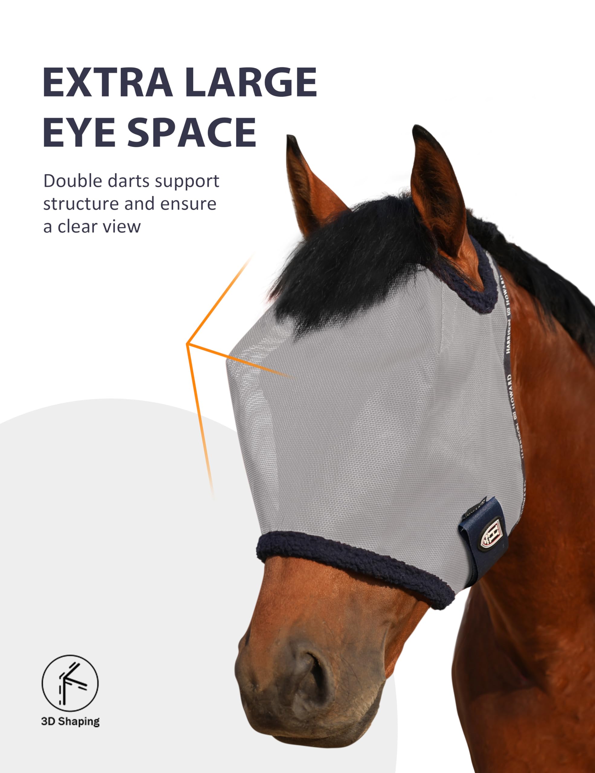 Harrison Howard All Round Mesh Horse Fly Mask UV Protective with Fleece Padded Edging Grey L