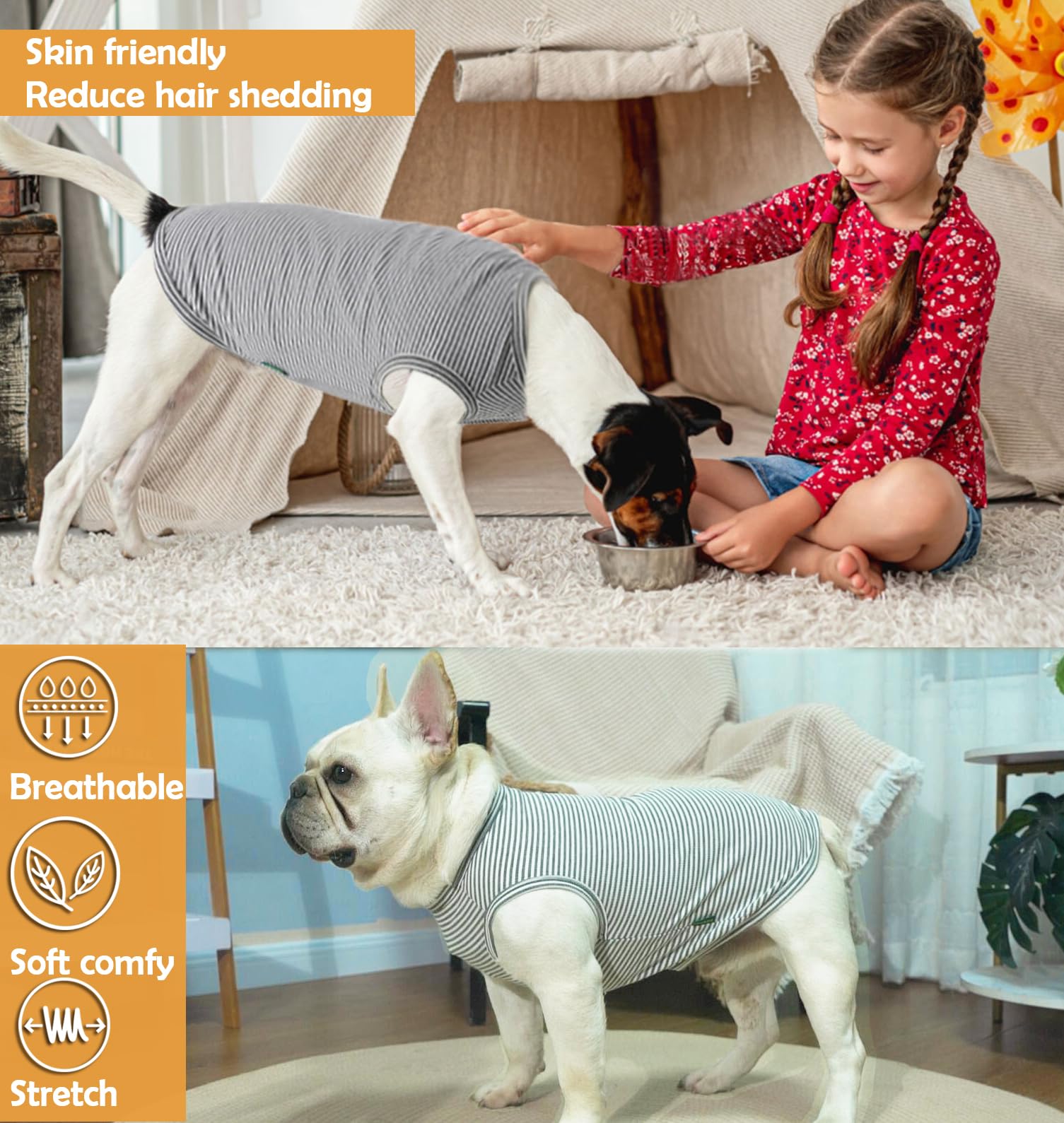 Sychien Dog Shirt,Combed Cotton T-Shirts,Soft Cool Boy Girl Tee For Small Dogs Kitty Puppy Chihuahua,Grey Striped Xs