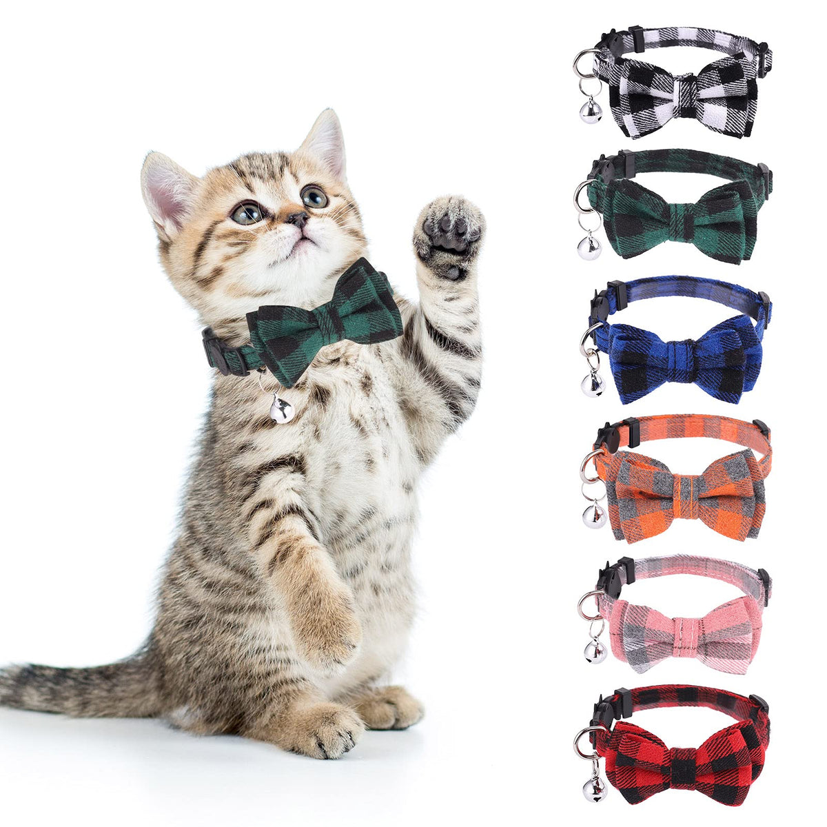 Dragonflydreams 6 Pcs Cat Collars With Bow Tie And Bell,Cat Collars Plaid,Breakaway Adjustable Cat Bow Tie Collars,Cute Bow Tie 