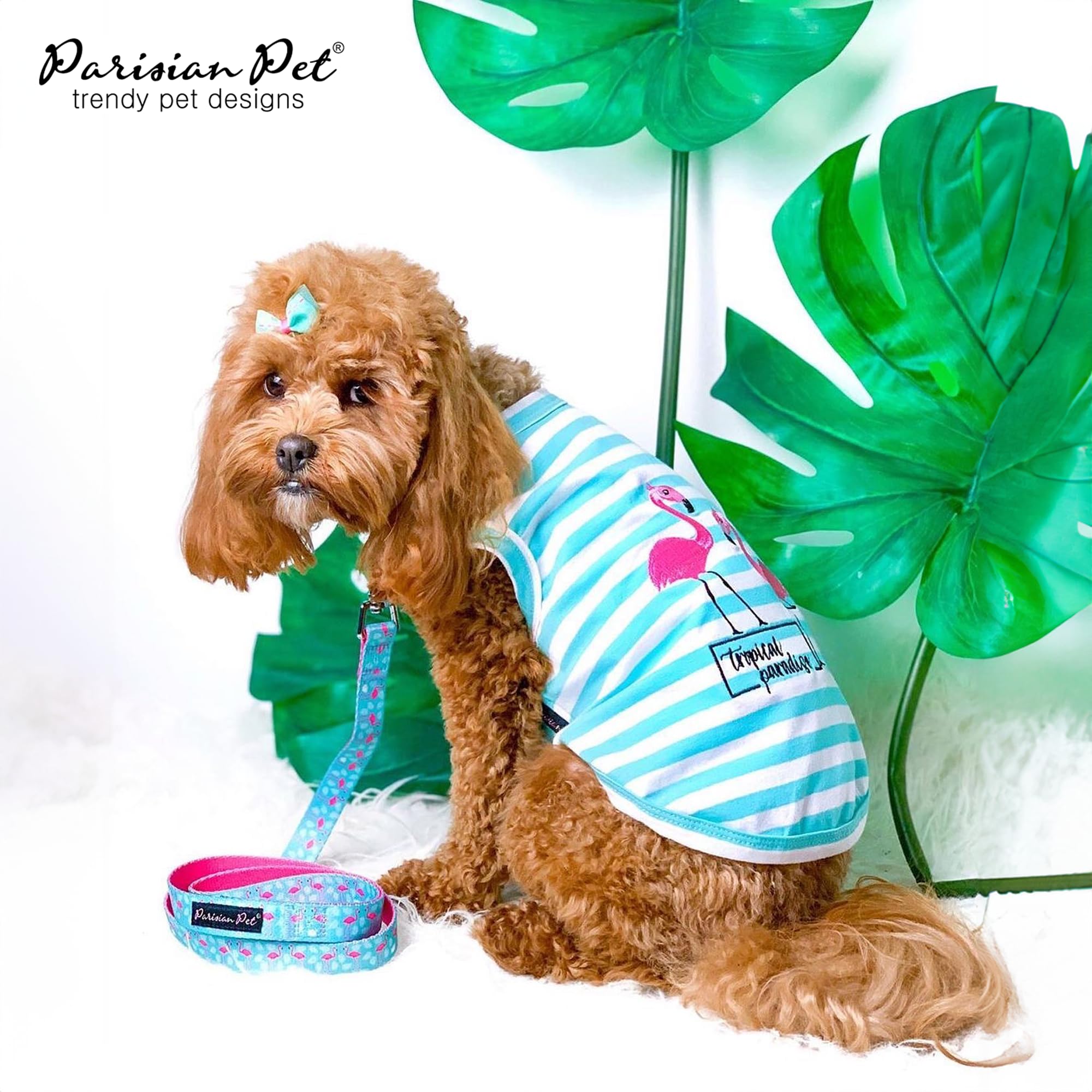 Parisian Pet Dog Tshirt - Embroidered  Flamingos  Tank Top - 100% Cotton And Lightweight Dog Clothes - Sleeveless Tee Shirts - M
