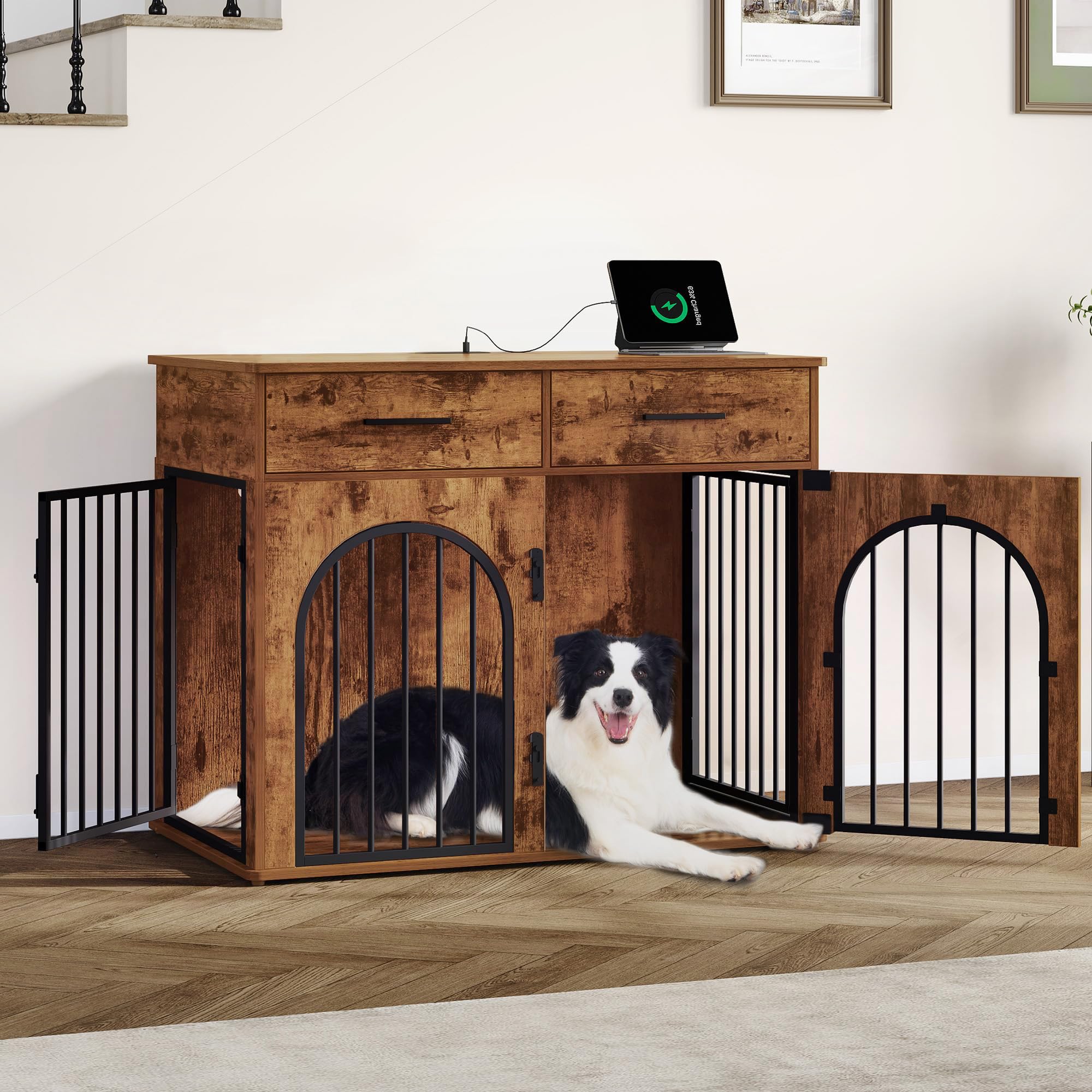 Hzuaneri 39.4 Dog Crate Furniture with 2 Drawers, Indoor Dog Kennel with Charging Station, Wooden Dog Cage Side End Table Kenn