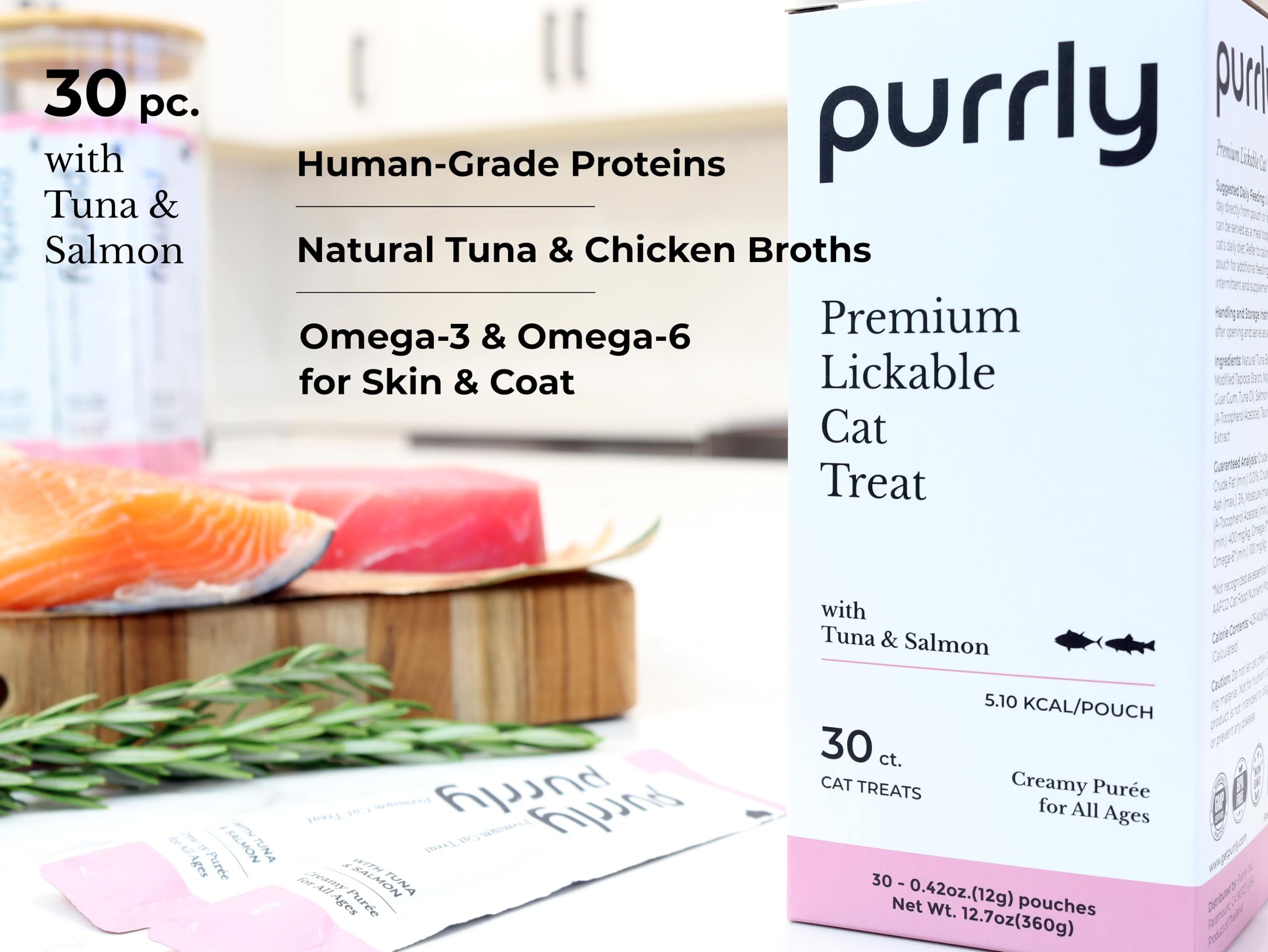 Purrly Squeezable Cat Treats Wet Healthy Interactive Hydrating Human-Grade Tuna & Salmon with Omega-3 & 6 for Skin & Coat (30 Co